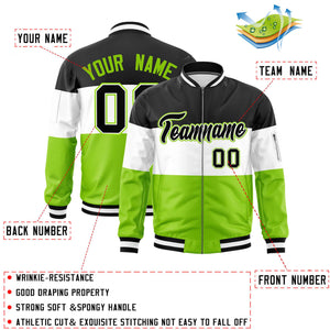 Custom Black White-Neon Green Varsity Full-Zip Color Block Letterman Bomber Jacket