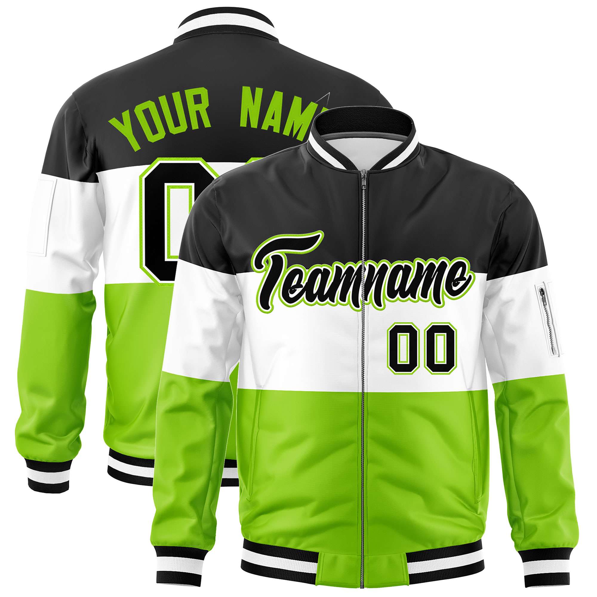 Custom Black White-Neon Green Varsity Full-Zip Color Block Letterman Bomber Jacket