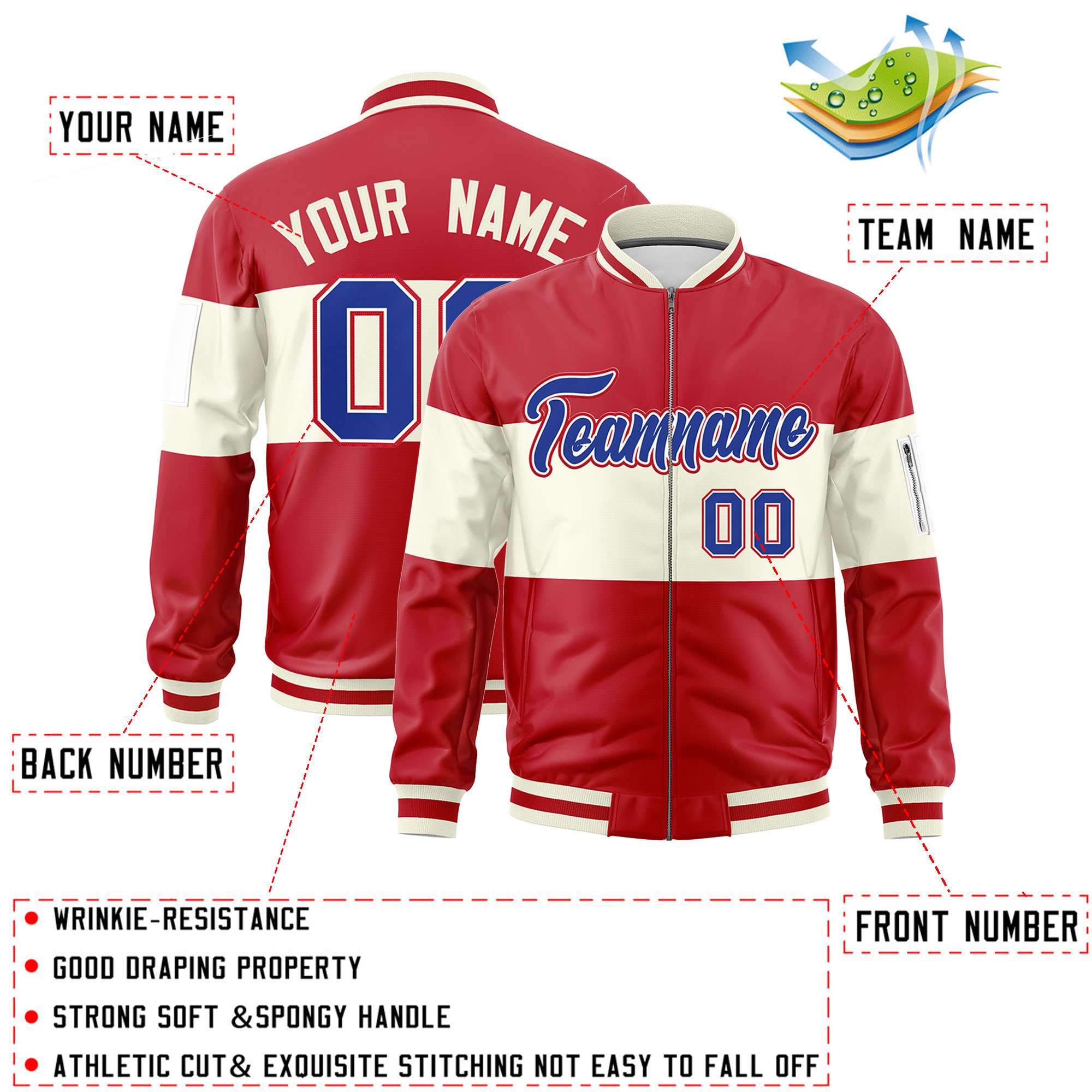 Custom Red Cream-Red Varsity Full-Zip Color Block Letterman Bomber Jacket