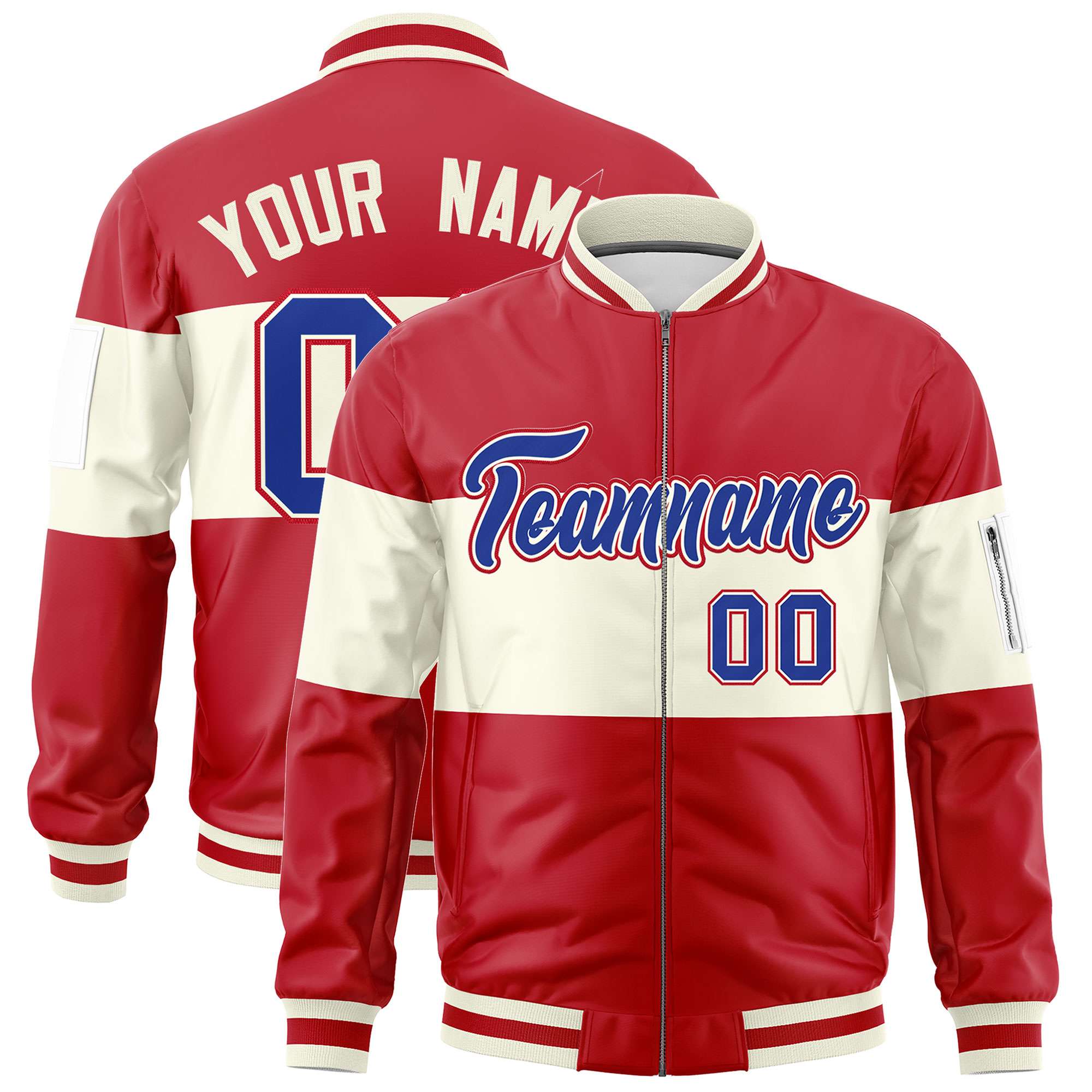 Custom Red Cream-Red Varsity Full-Zip Color Block Letterman Bomber Jacket