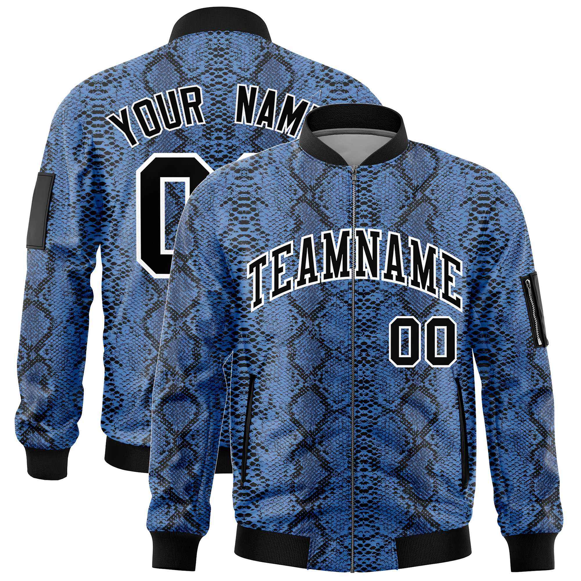 Custom Varsity Full-Zip Snake Pattern Letterman Bomber Jacket