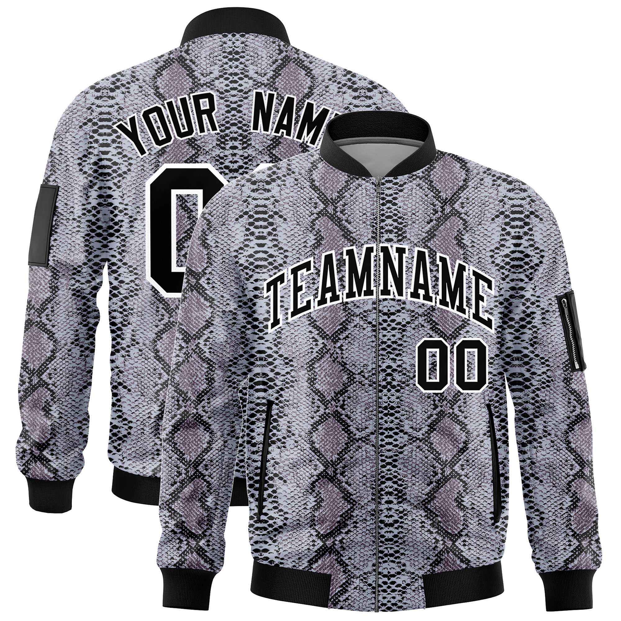 Custom Varsity Full-Zip Snake Pattern Letterman Bomber Jacket