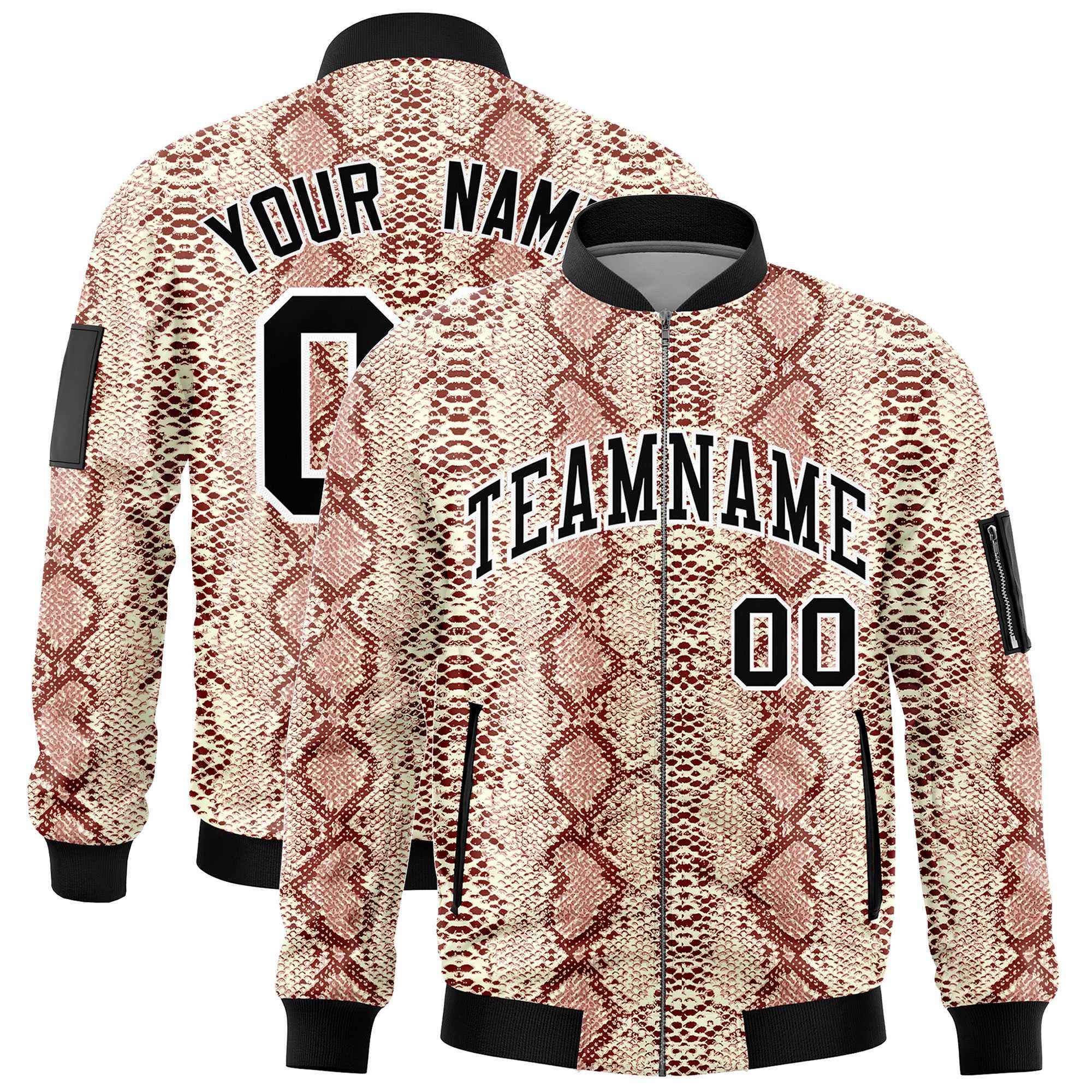 Custom Varsity Full-Zip Snake Pattern Letterman Bomber Jacket