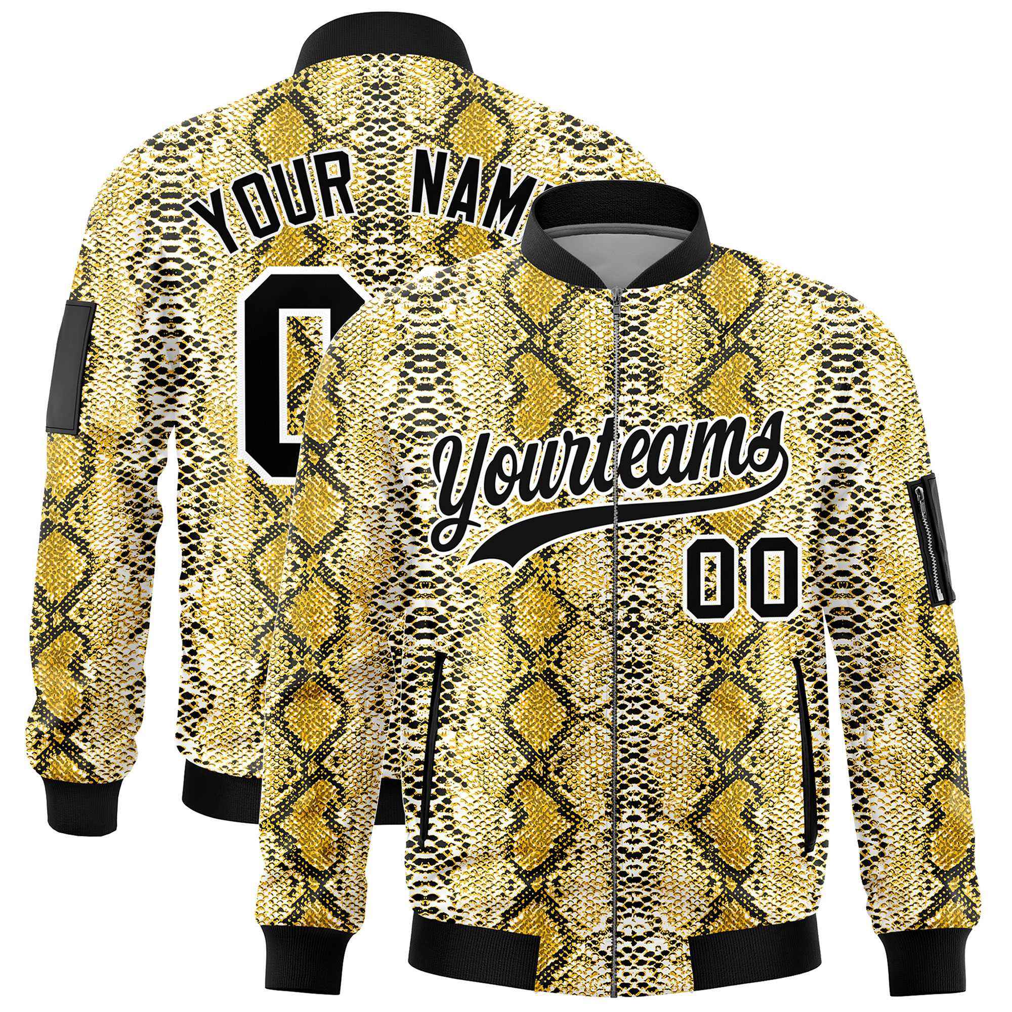 Custom Varsity Full-Zip Snake Pattern Letterman Bomber Jacket