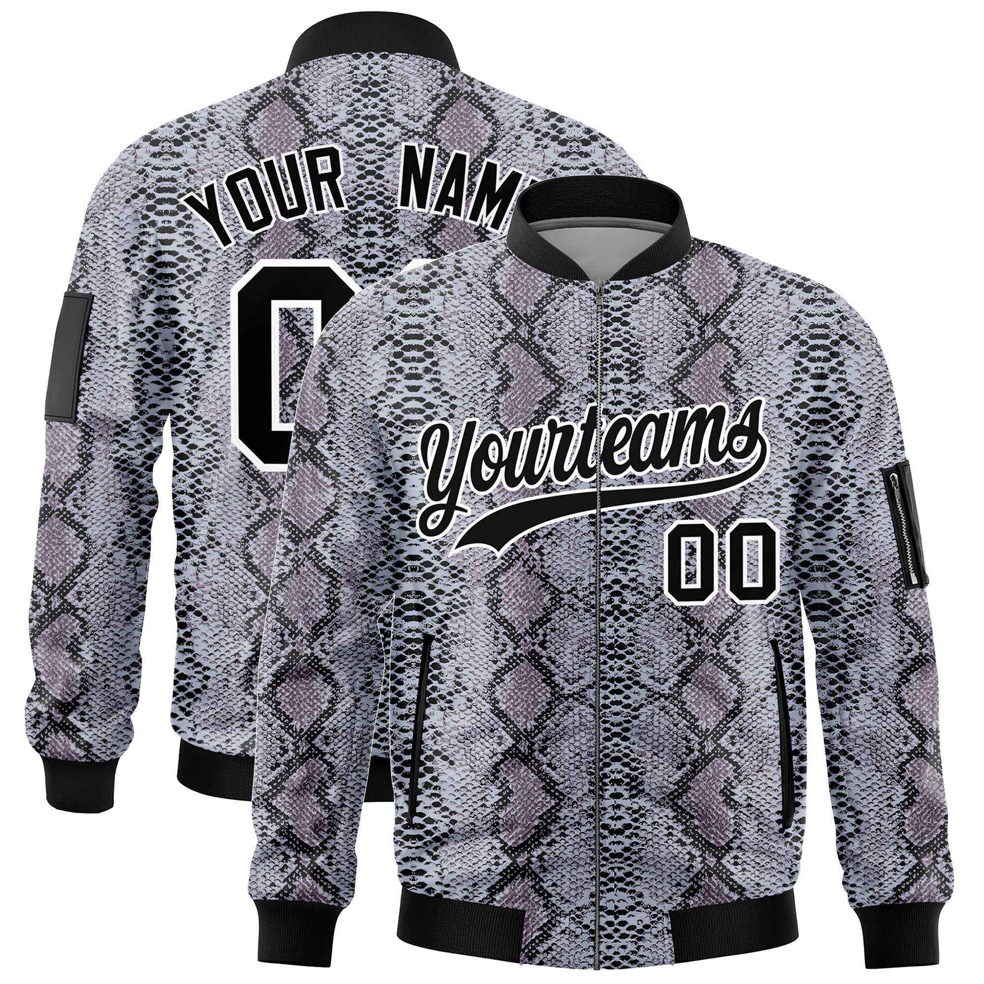 Custom Varsity Full-Zip Snake Pattern Letterman Bomber Jacket