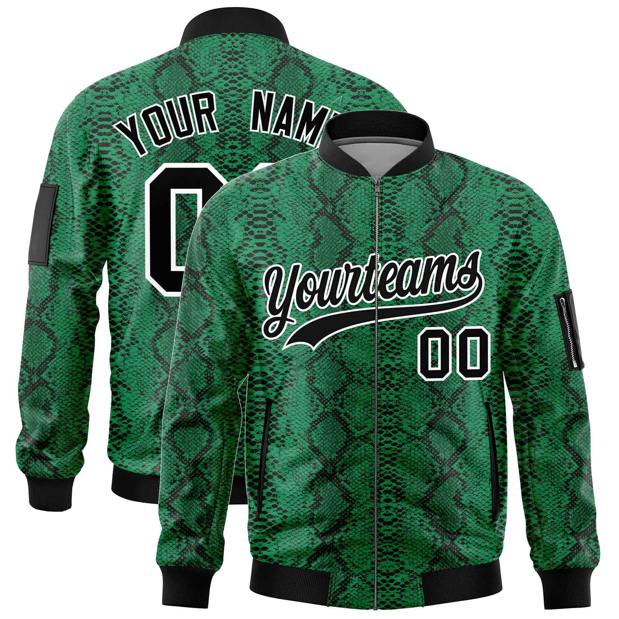 Custom Varsity Full-Zip Snake Pattern Letterman Bomber Jacket