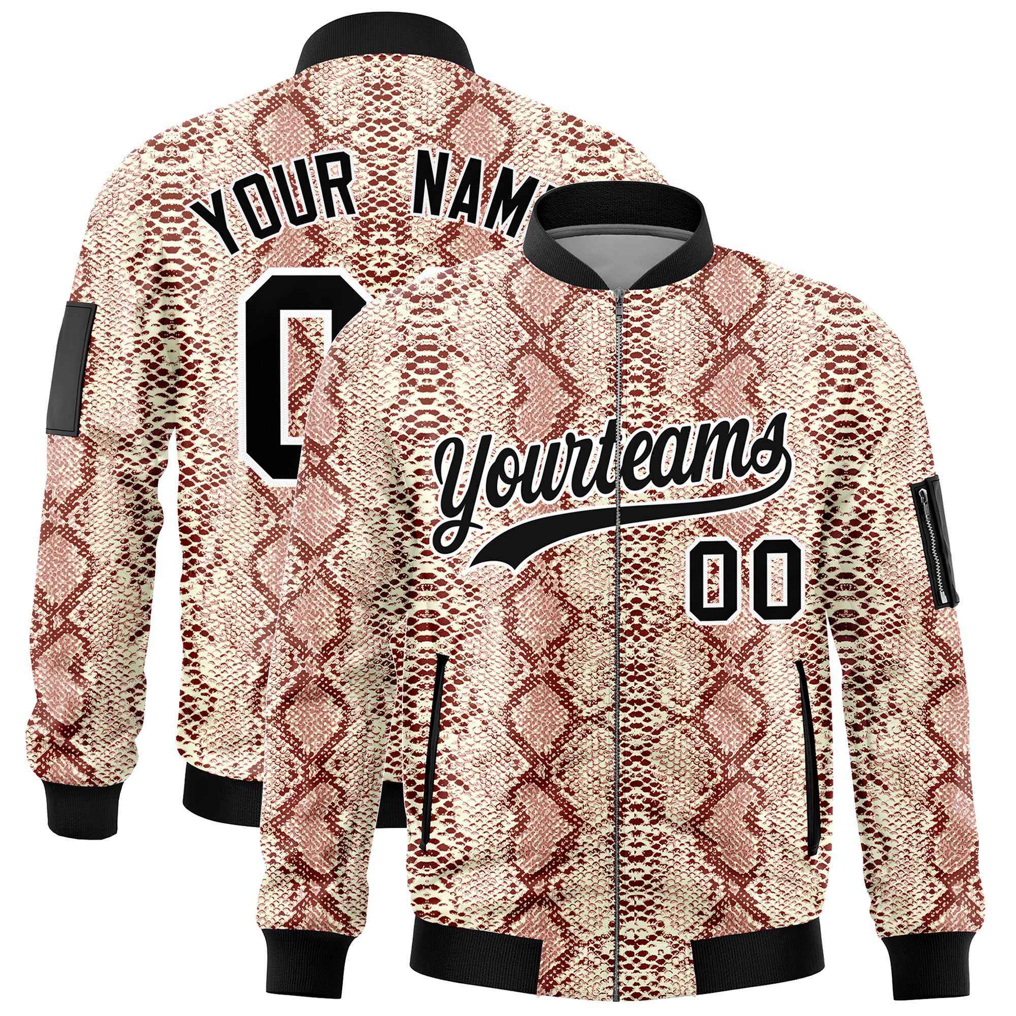 Custom Varsity Full-Zip Snake Pattern Letterman Bomber Jacket