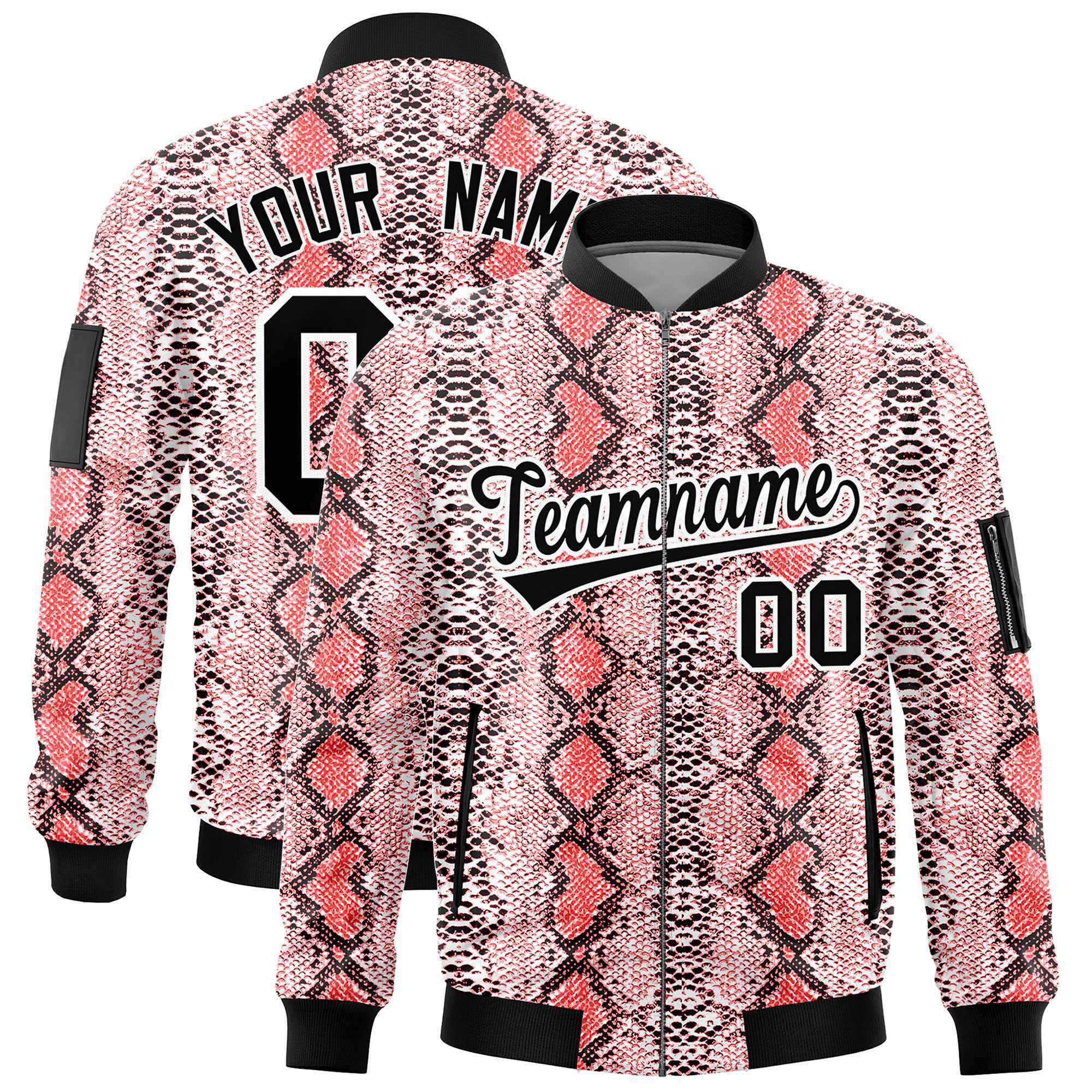 Custom Varsity Full-Zip Snake Pattern Letterman Bomber Jacket