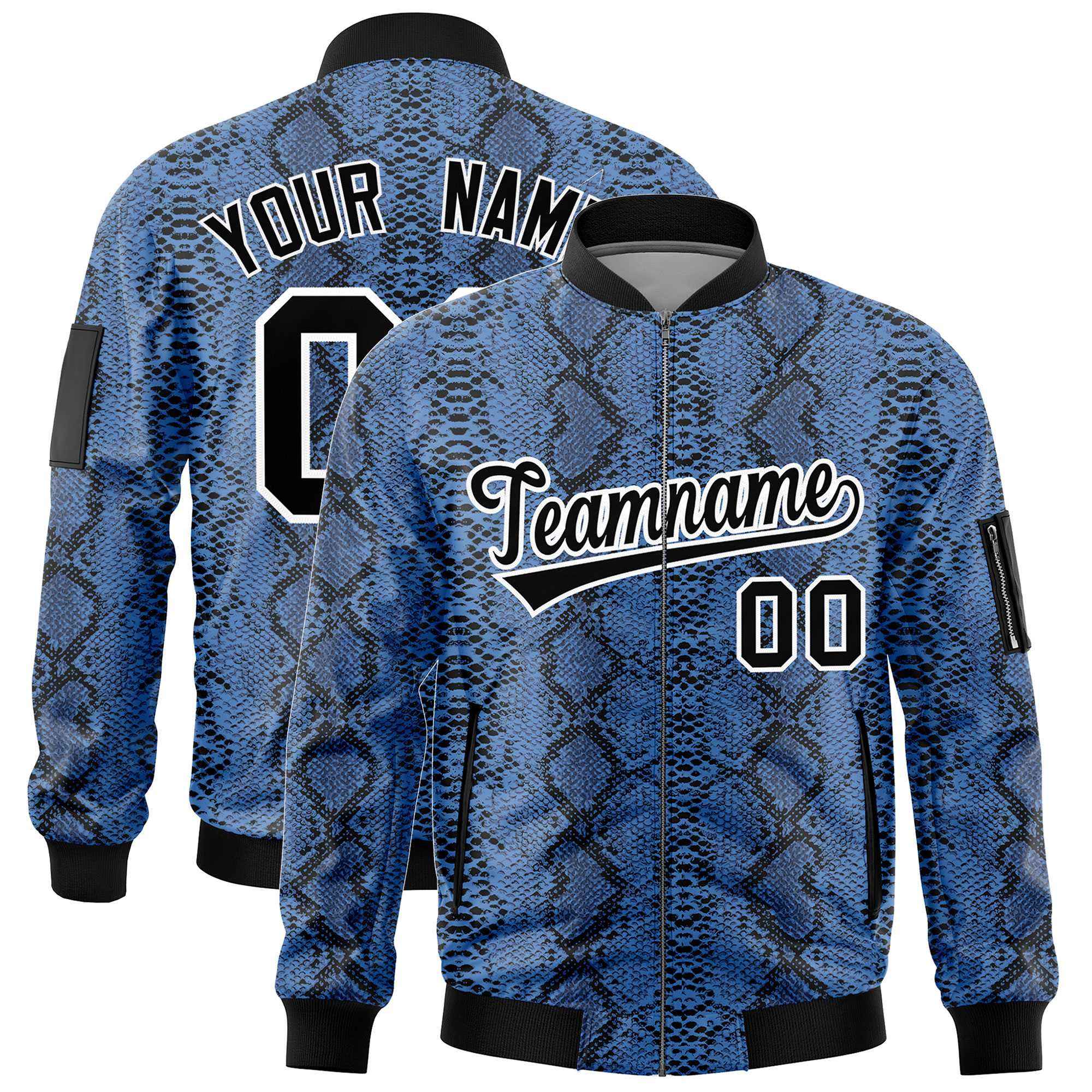 Custom Varsity Full-Zip Snake Pattern Letterman Bomber Jacket