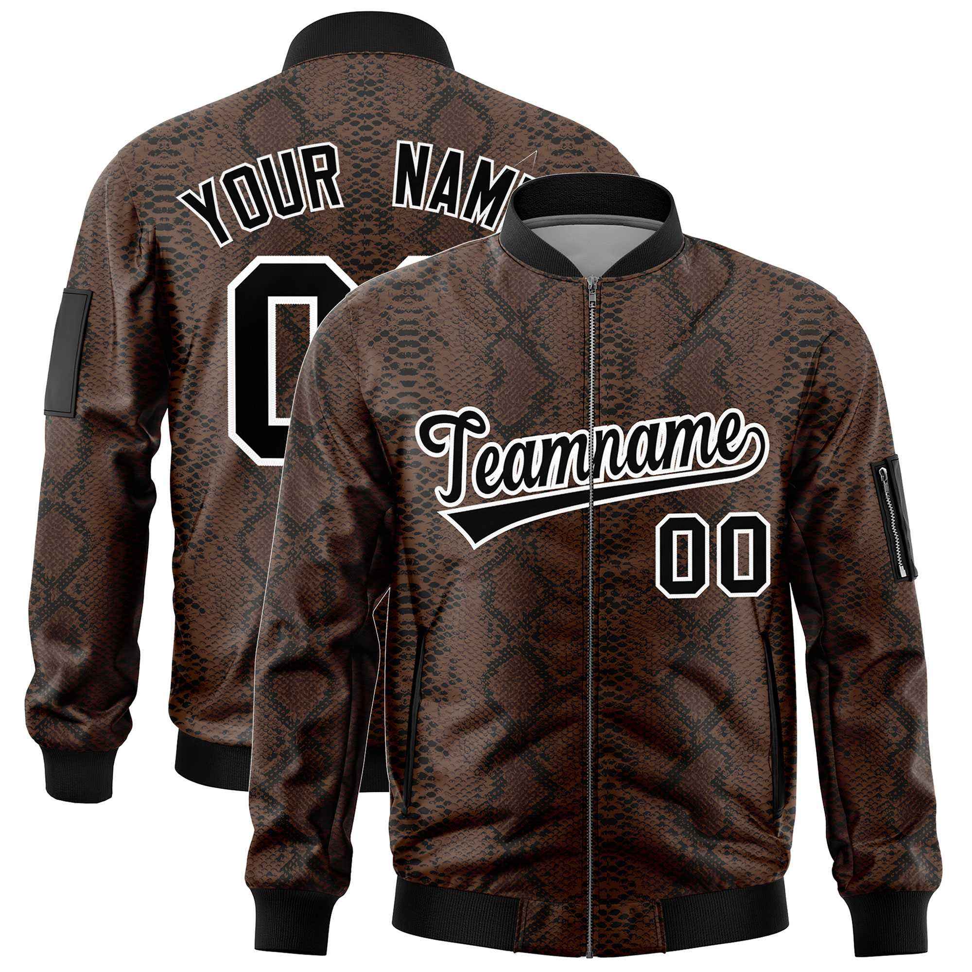 Custom Varsity Full-Zip Snake Pattern Letterman Bomber Jacket