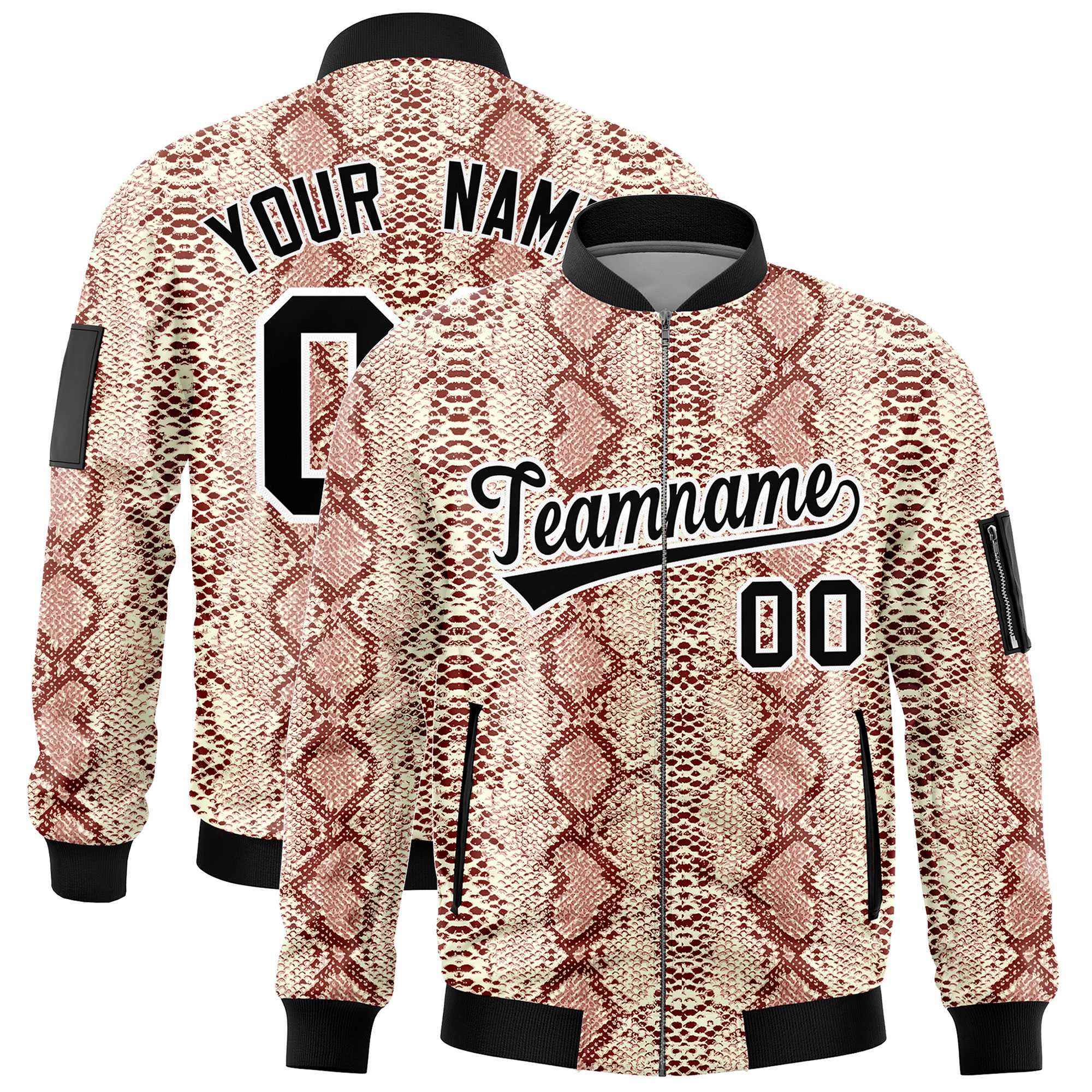 Custom Varsity Full-Zip Snake Pattern Letterman Bomber Jacket