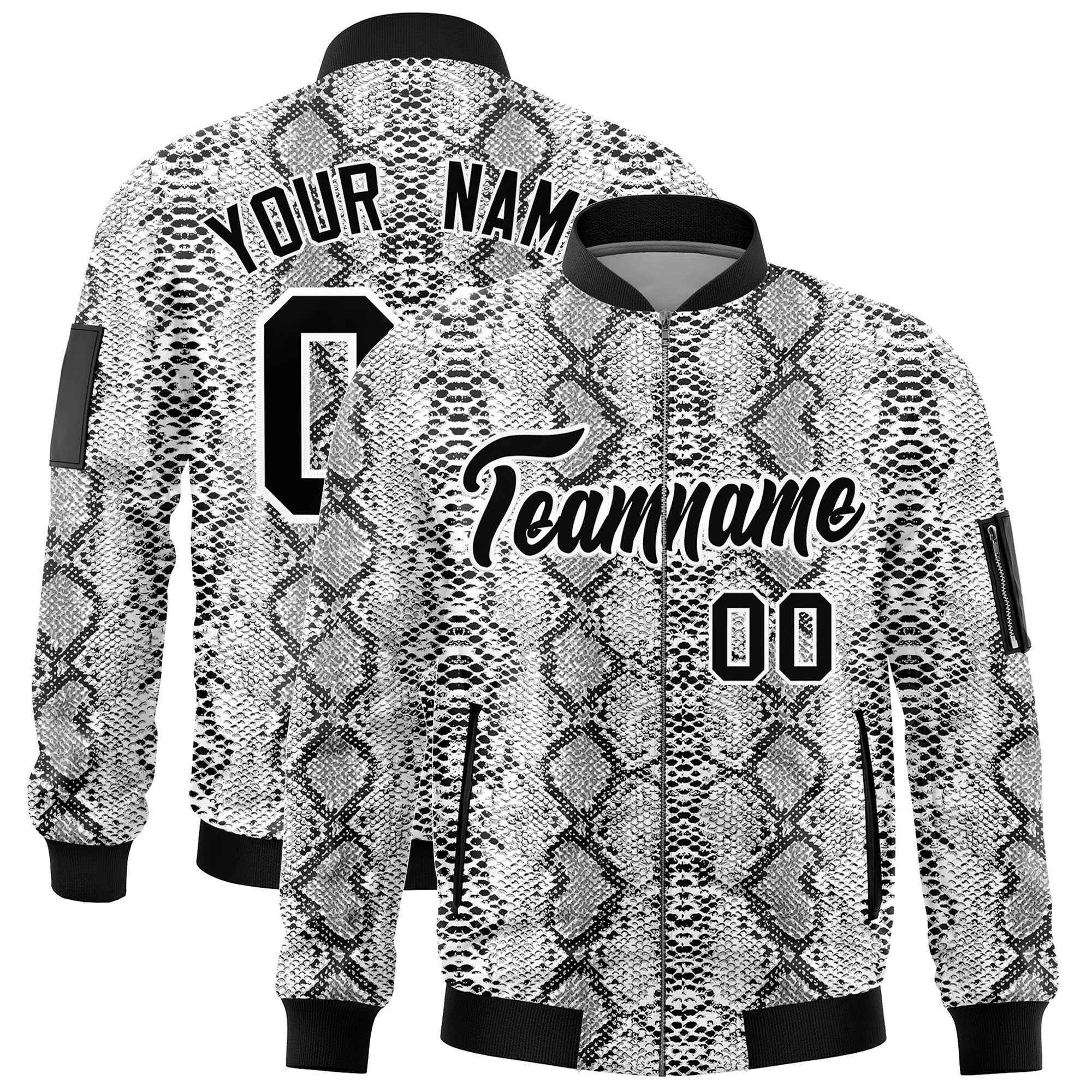 Custom Varsity Full-Zip Snake Pattern Letterman Bomber Jacket