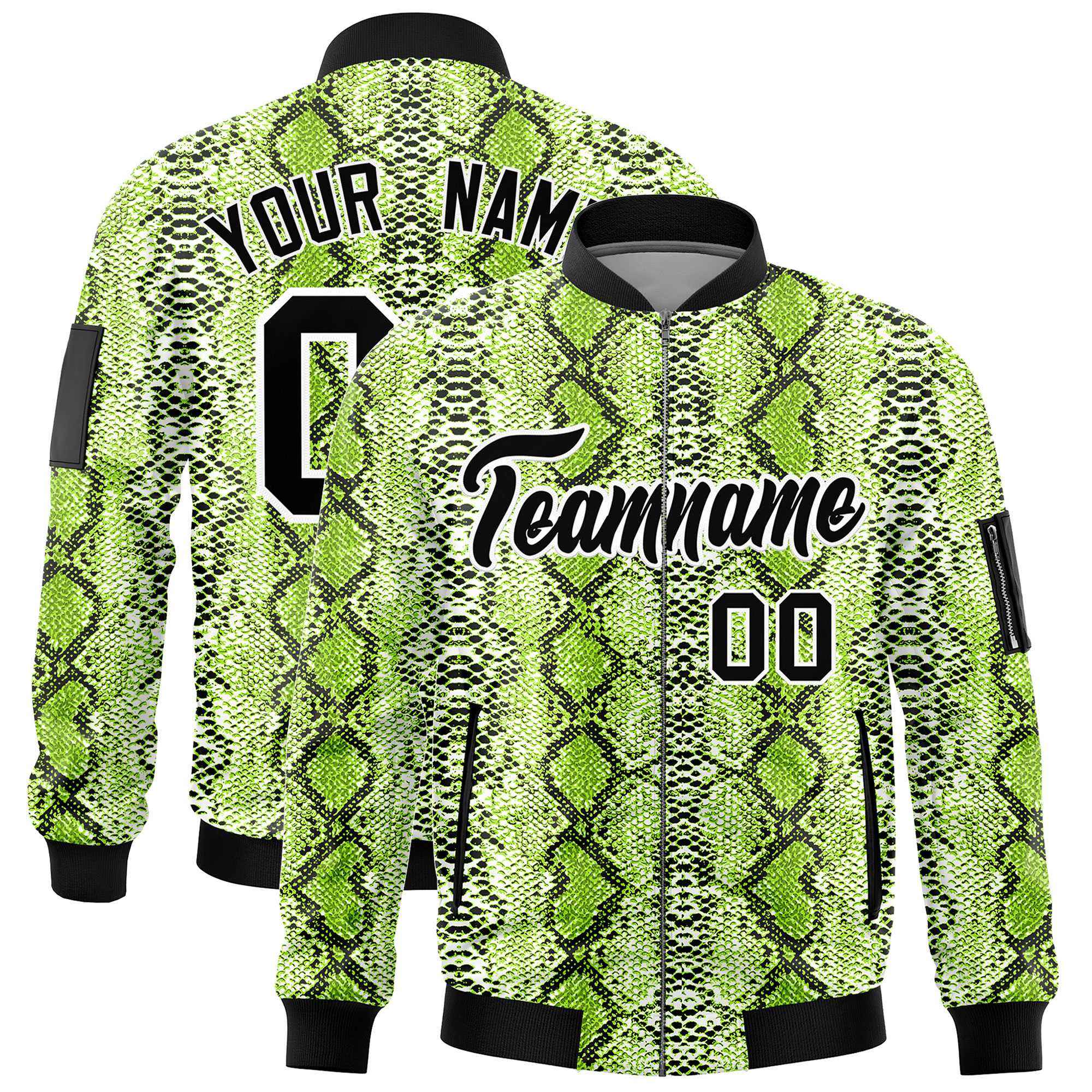 Custom Varsity Full-Zip Snake Pattern Letterman Bomber Jacket