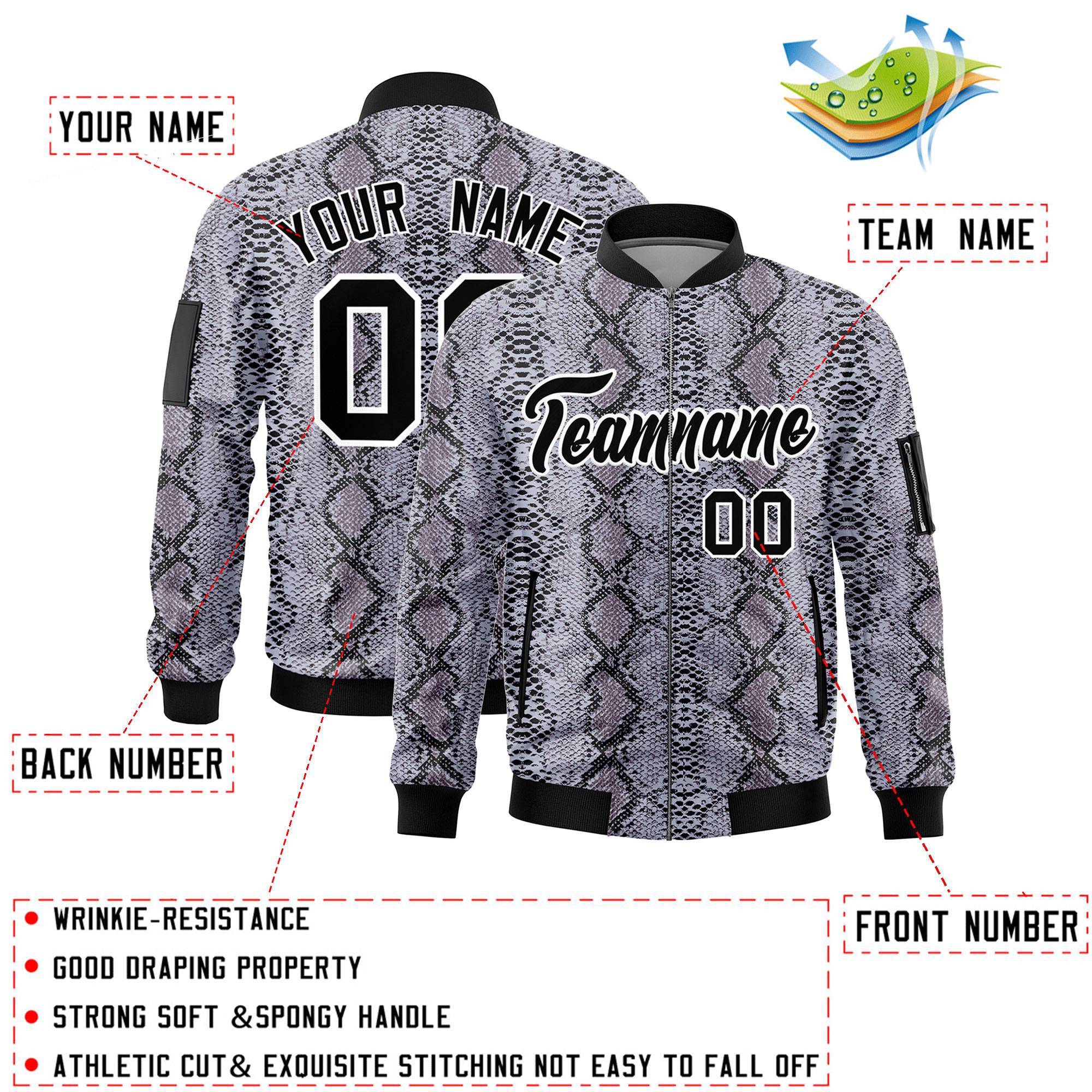 Custom Varsity Full-Zip Snake Pattern Letterman Bomber Jacket