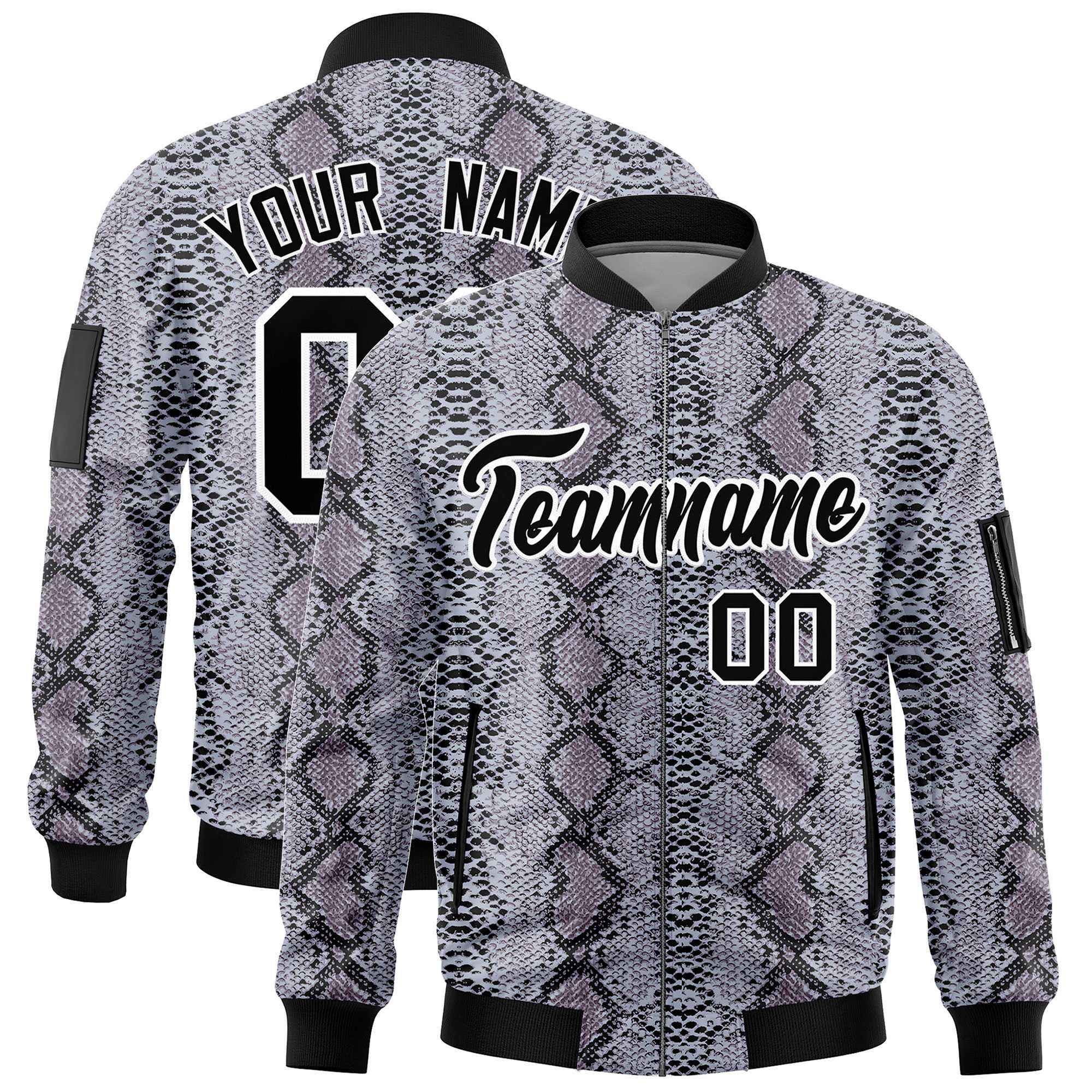 Custom Varsity Full-Zip Snake Pattern Letterman Bomber Jacket