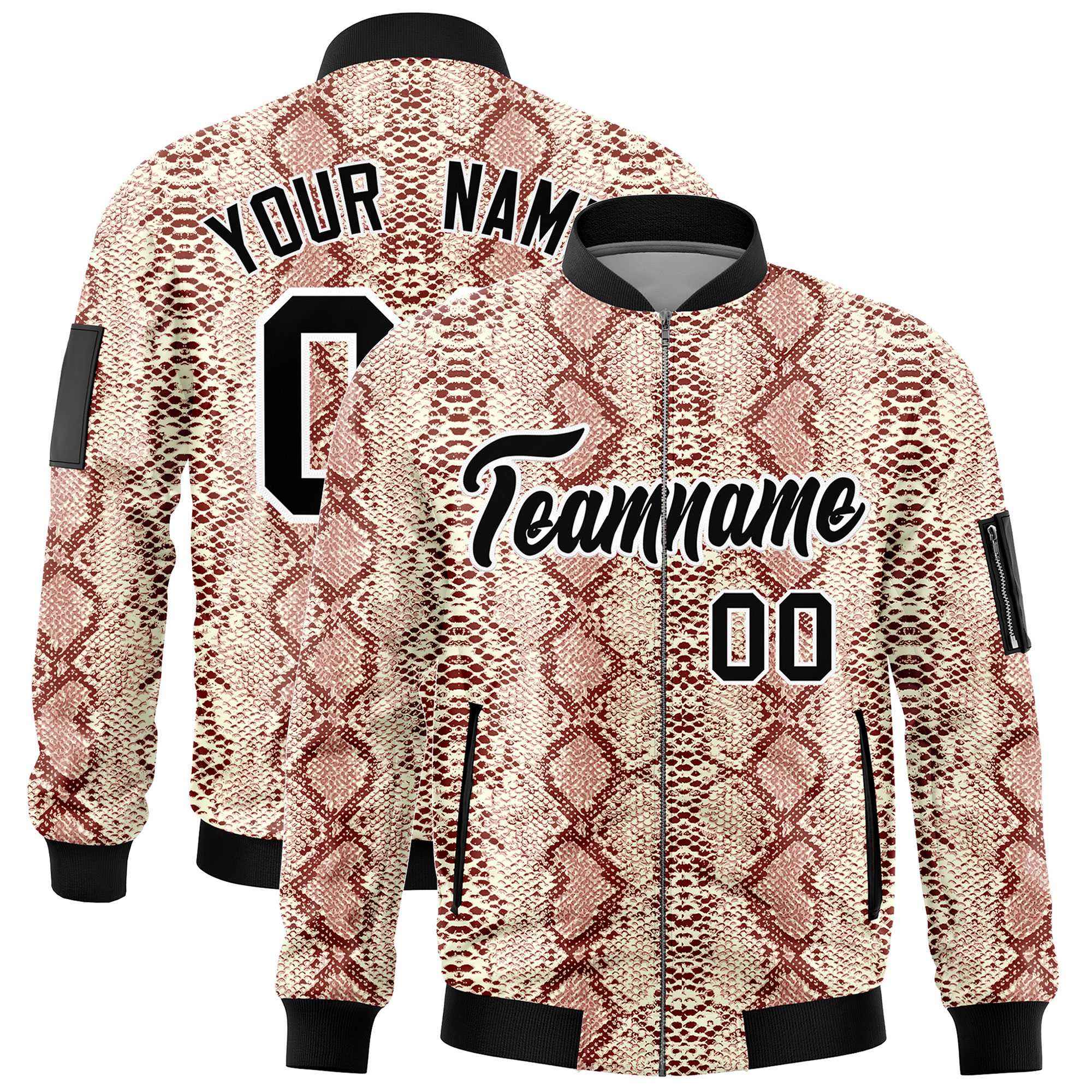 Custom Varsity Full-Zip Snake Pattern Letterman Bomber Jacket