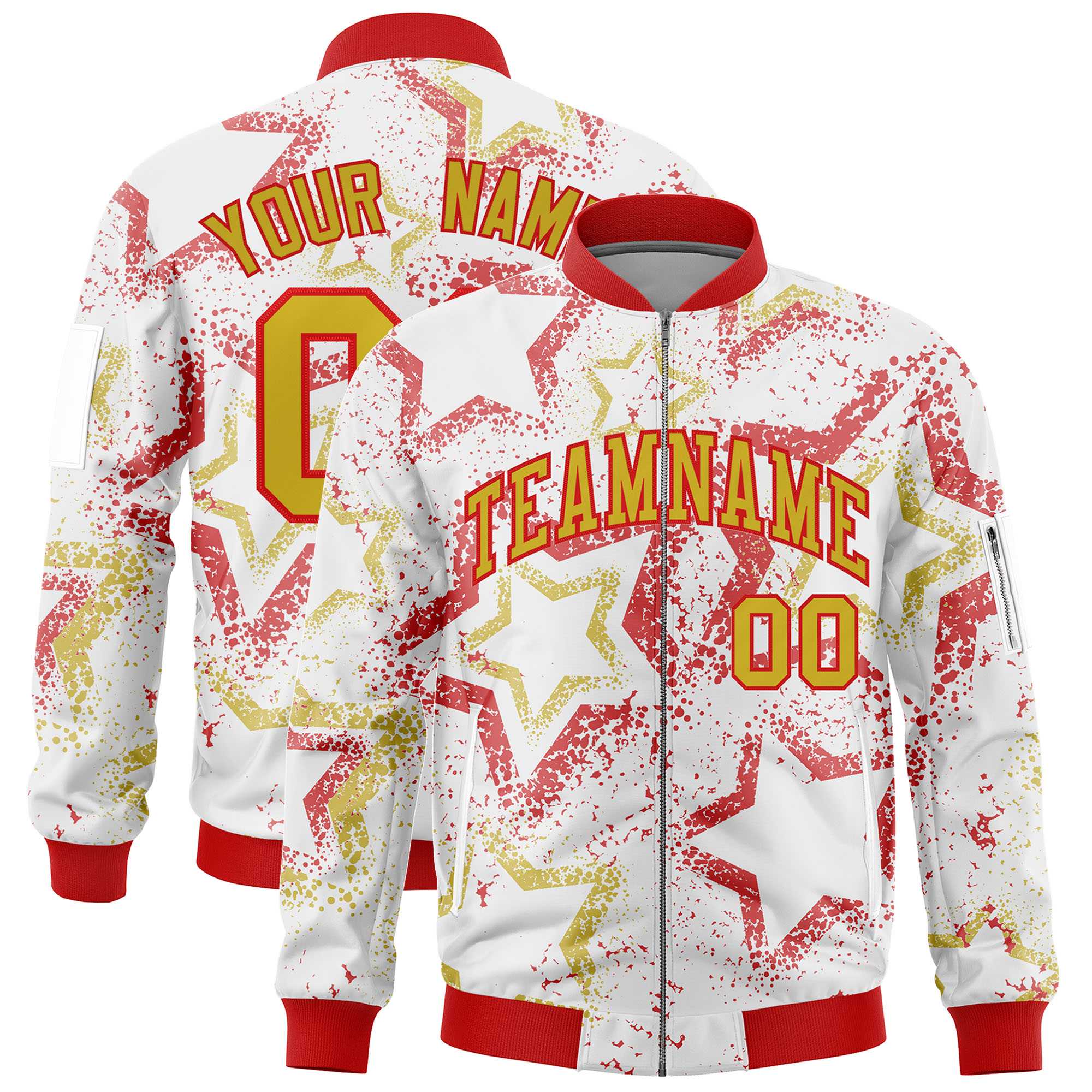 Custom White Varsity Full-Zip Star Pattern Letterman Bomber Jacket