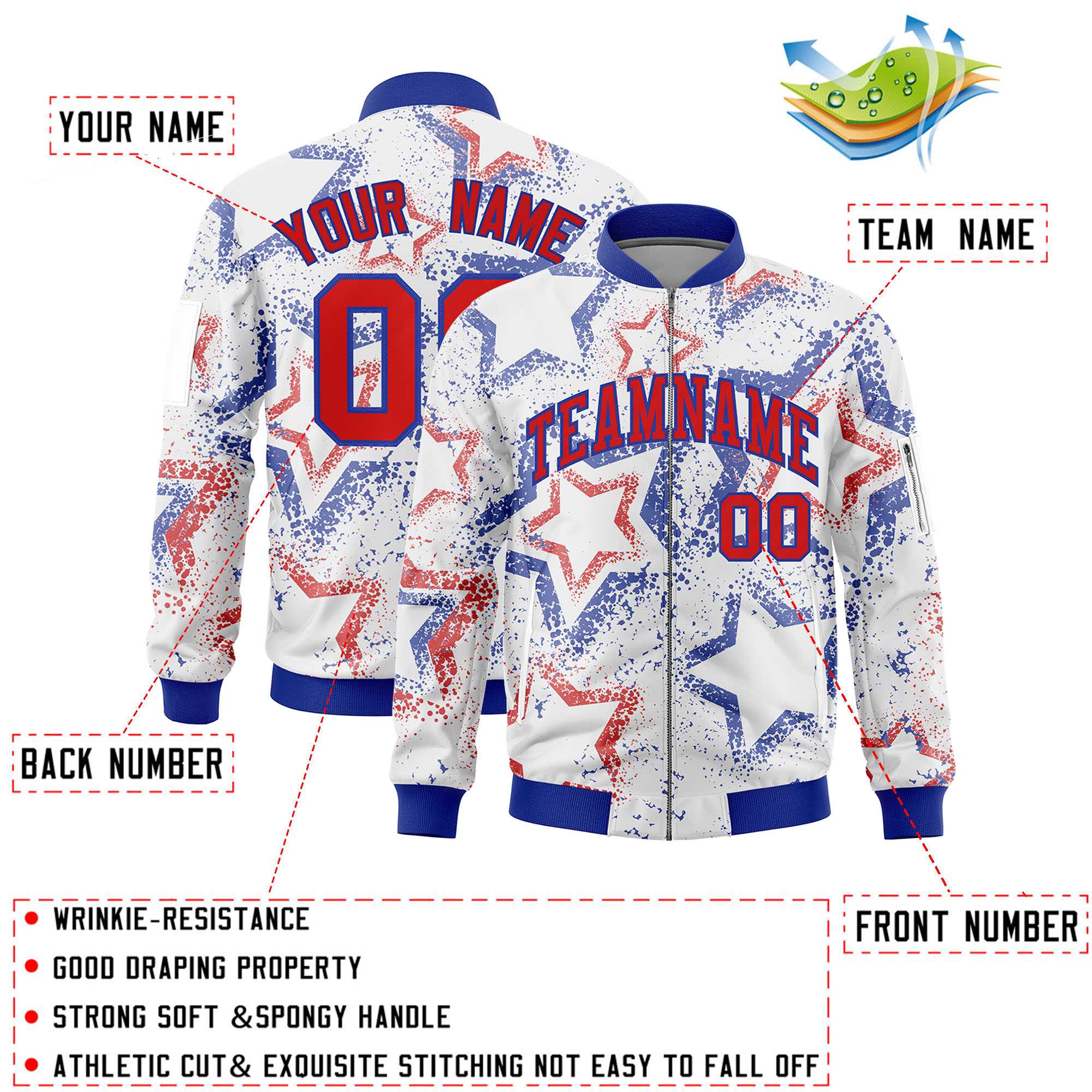 Custom White Varsity Full-Zip Star Pattern Letterman Bomber Jacket