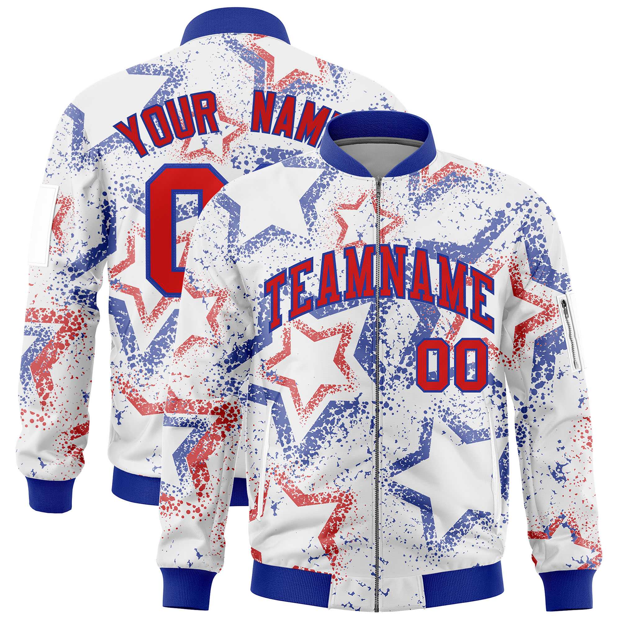 Custom White Varsity Full-Zip Star Pattern Letterman Bomber Jacket