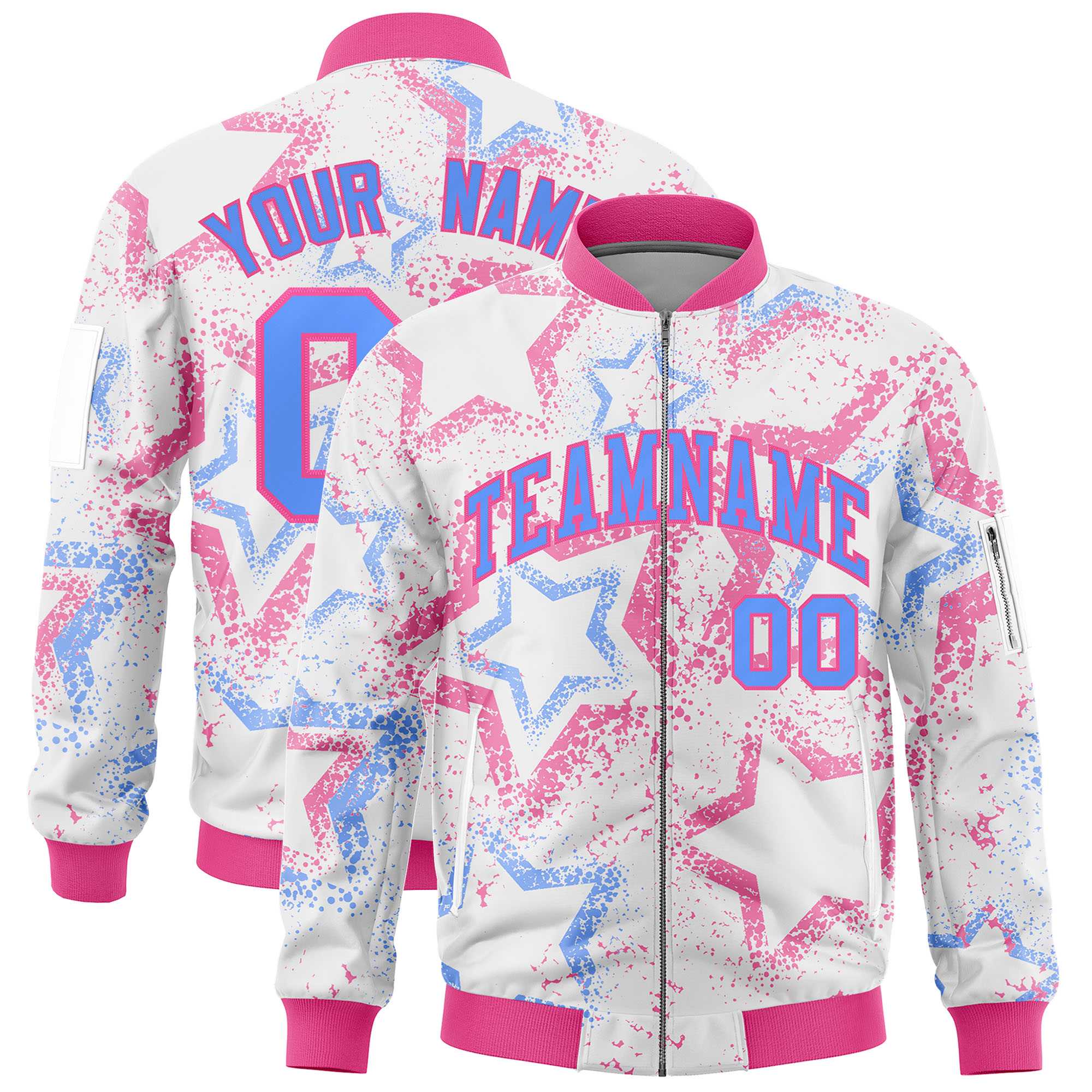 Custom White Varsity Full-Zip Star Pattern Letterman Bomber Jacket