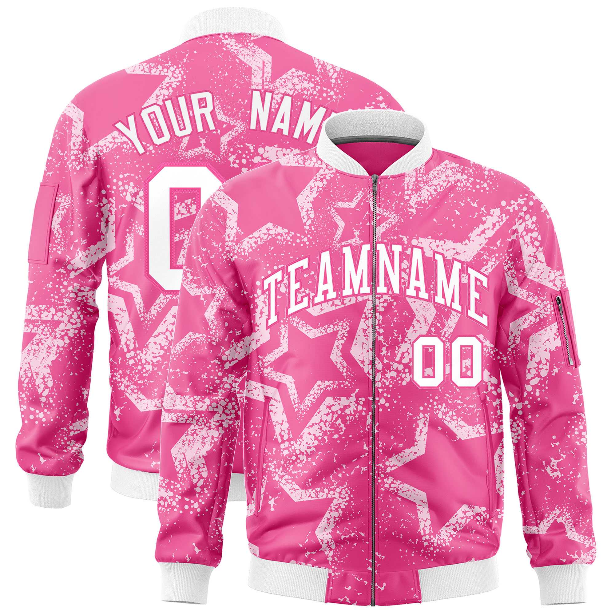 Custom Pink Varsity Full-Zip Star Pattern Letterman Bomber Jacket