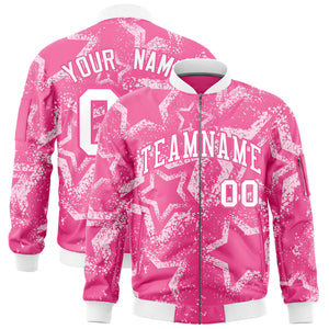 Custom Pink Varsity Full-Zip Star Pattern Letterman Bomber Jacket