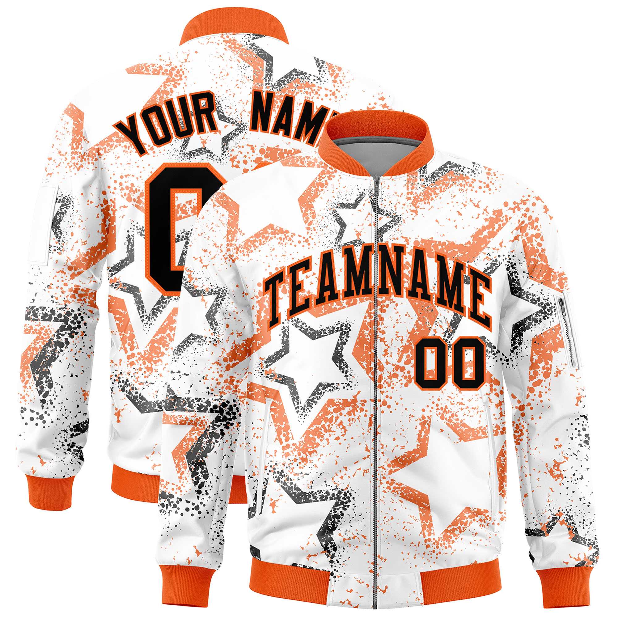 Custom White Varsity Full-Zip Star Pattern Letterman Bomber Jacket