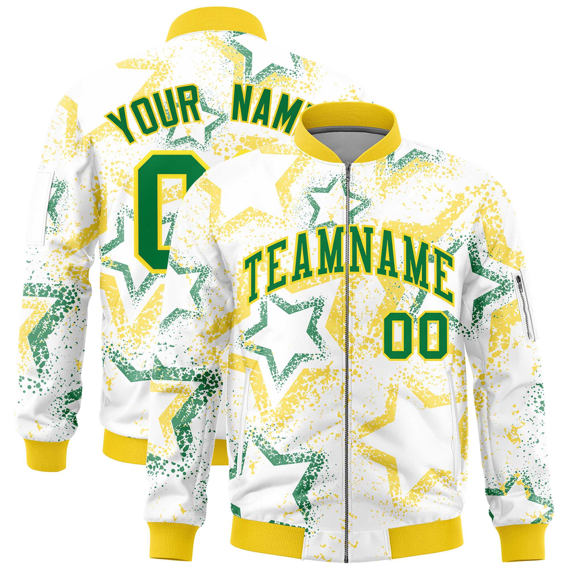 Custom White Varsity Full-Zip Star Pattern Letterman Bomber Jacket