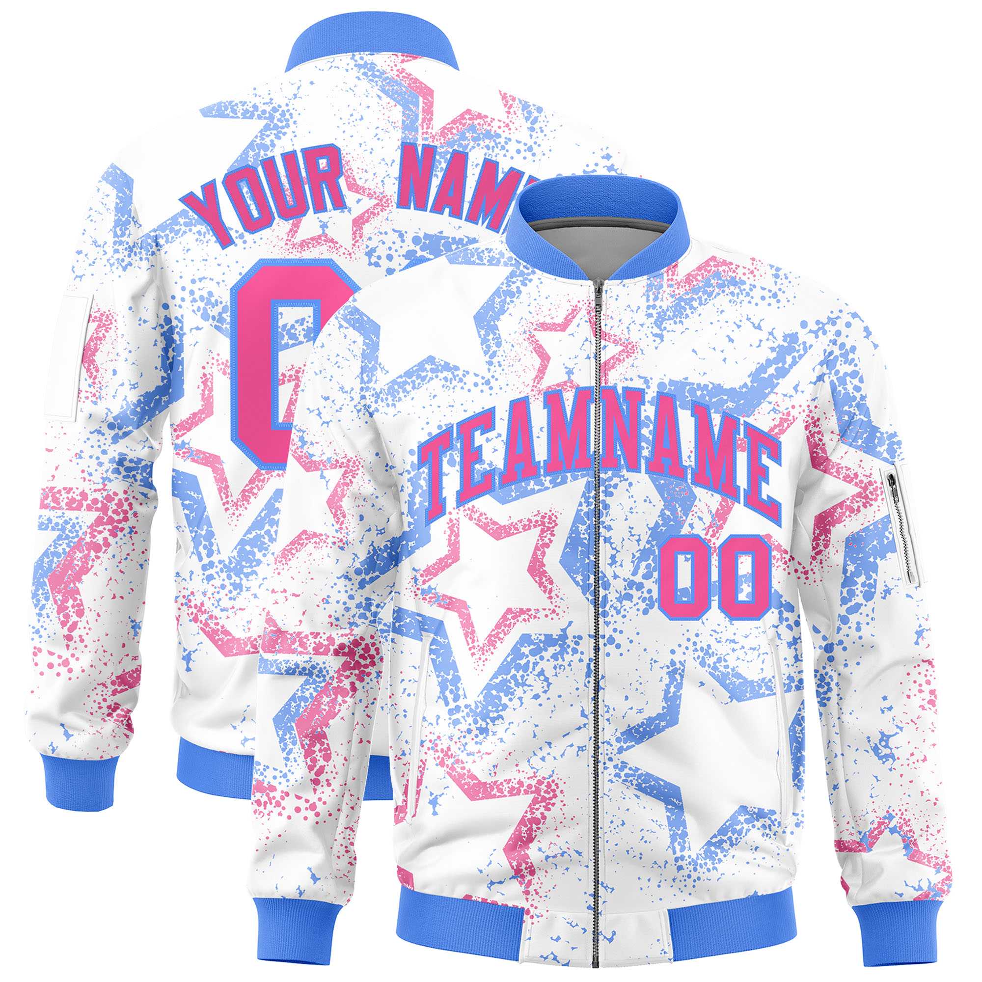 Custom White Varsity Full-Zip Star Pattern Letterman Bomber Jacket