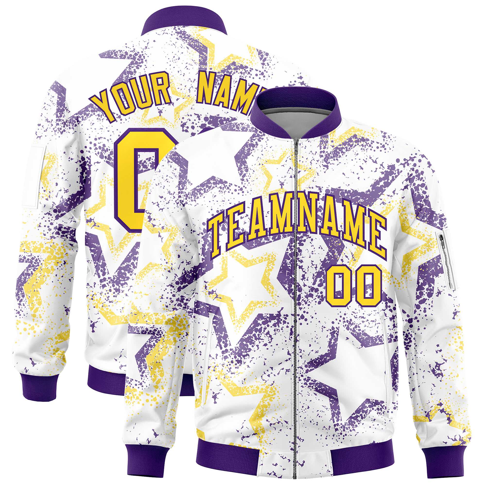 Custom White Varsity Full-Zip Star Pattern Letterman Bomber Jacket