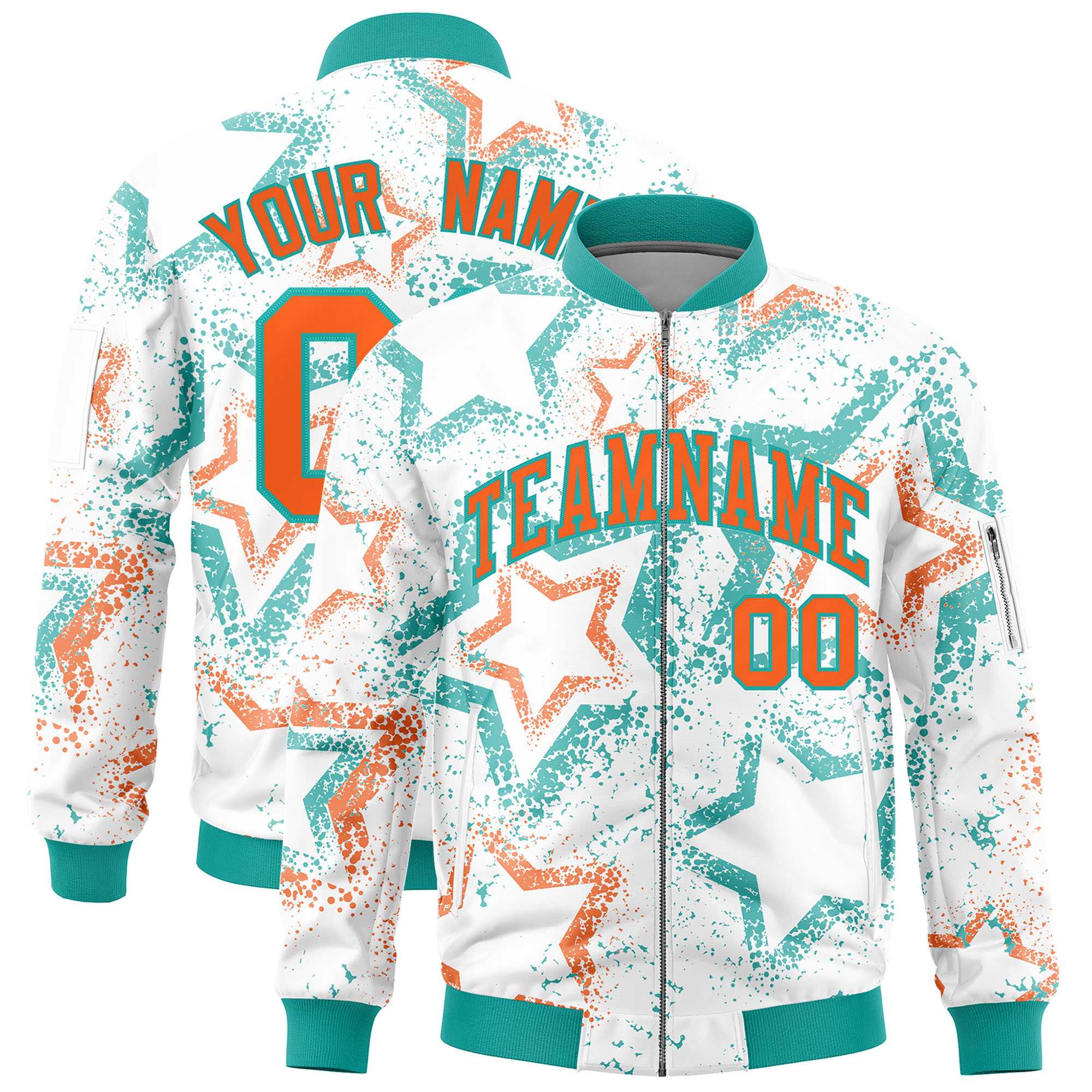 Custom White Varsity Full-Zip Star Pattern Letterman Bomber Jacket