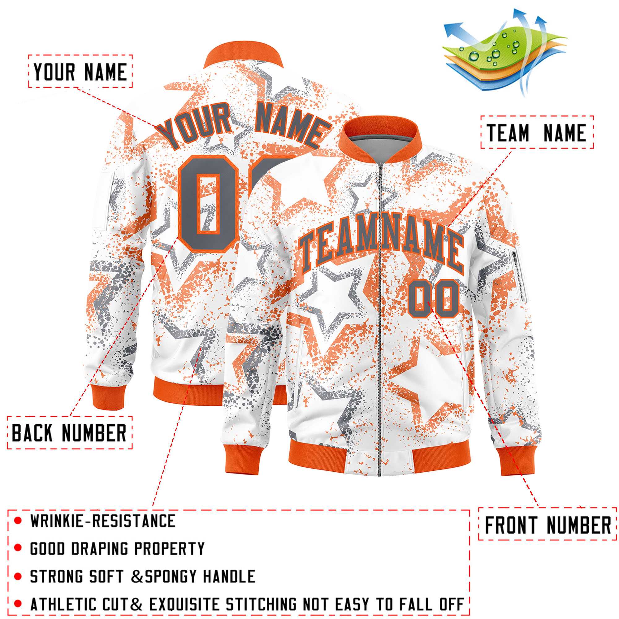 Custom White Varsity Full-Zip Star Pattern Letterman Bomber Jacket