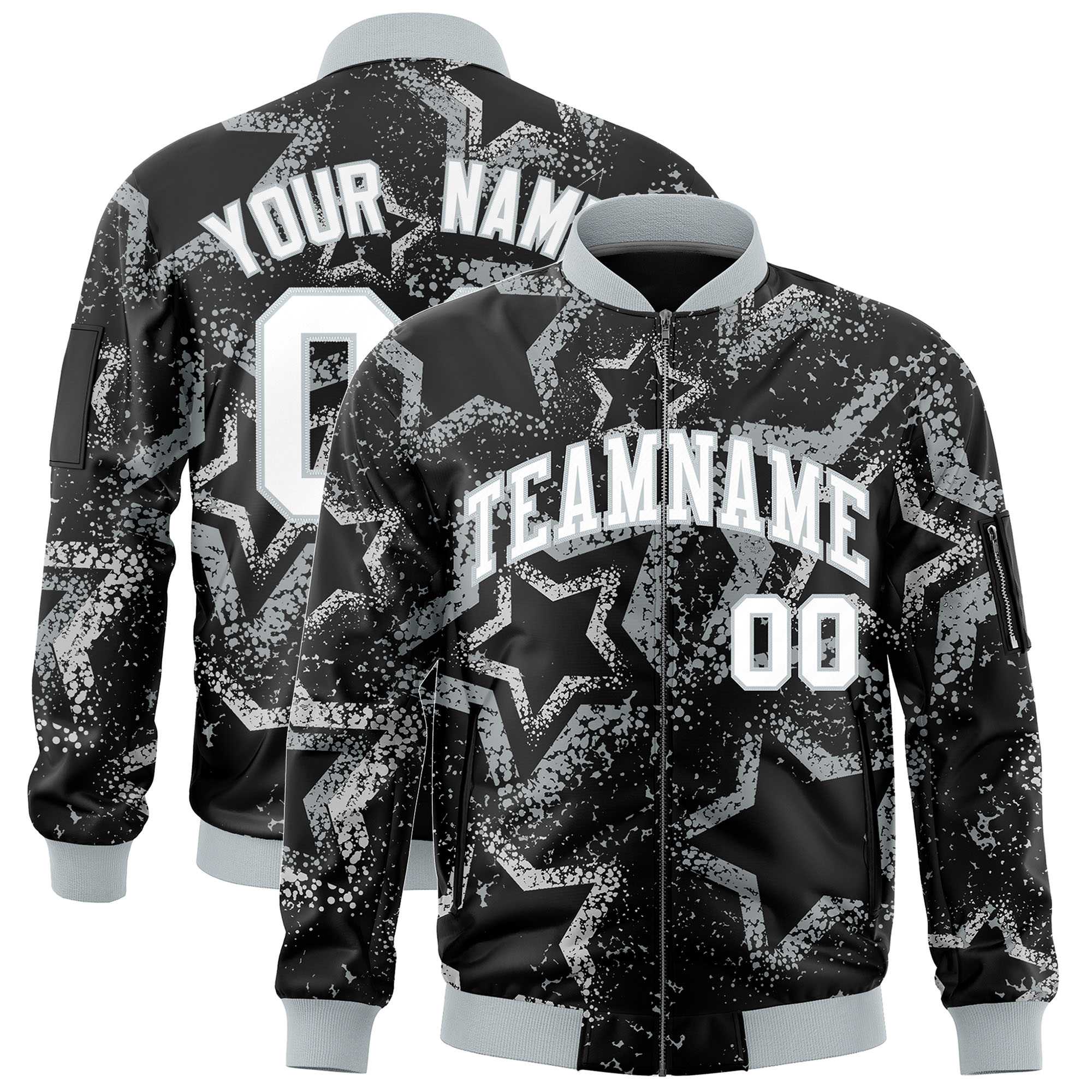 Custom Black Varsity Full-Zip Star Pattern Letterman Bomber Jacket