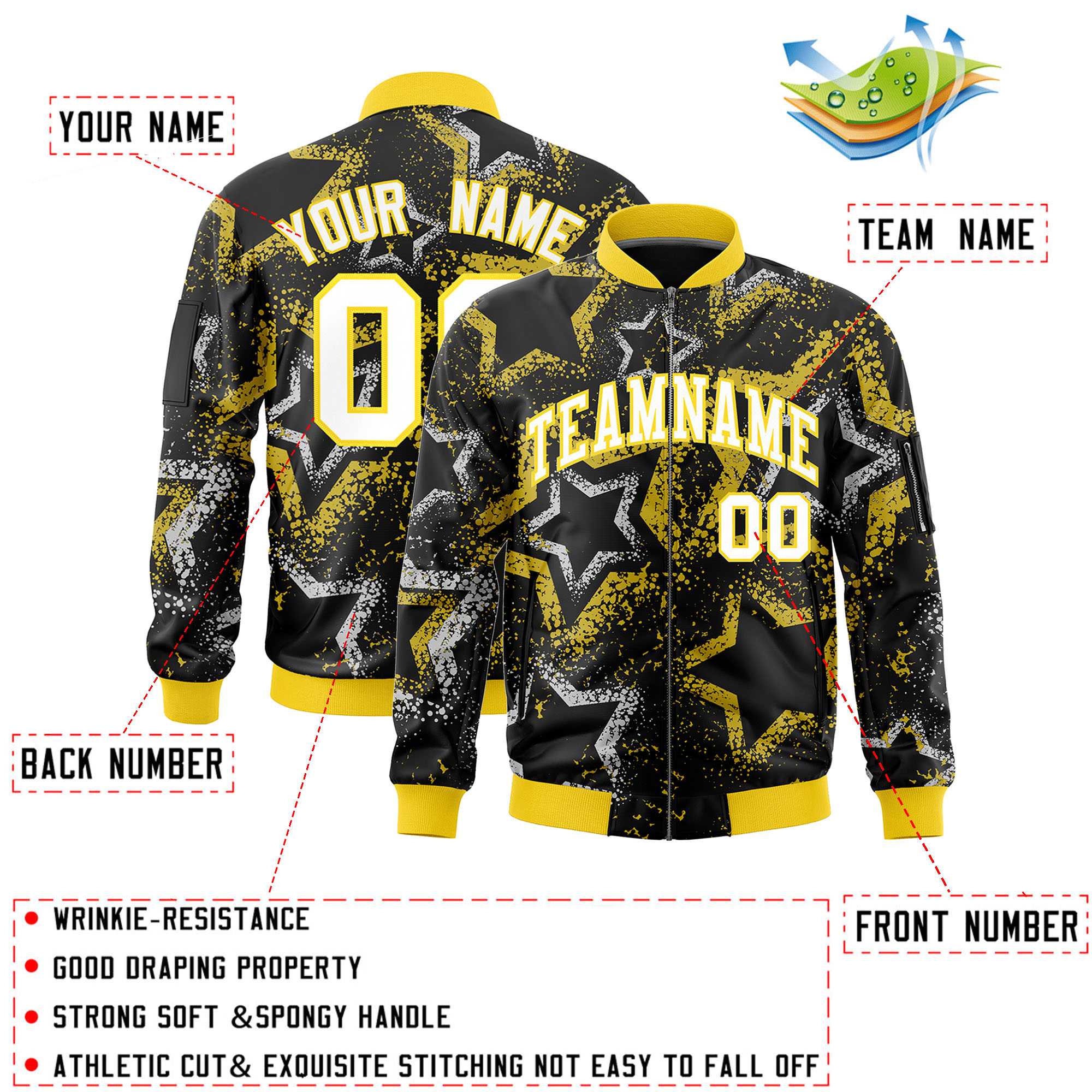 Custom Black Varsity Full-Zip Star Pattern Letterman Bomber Jacket