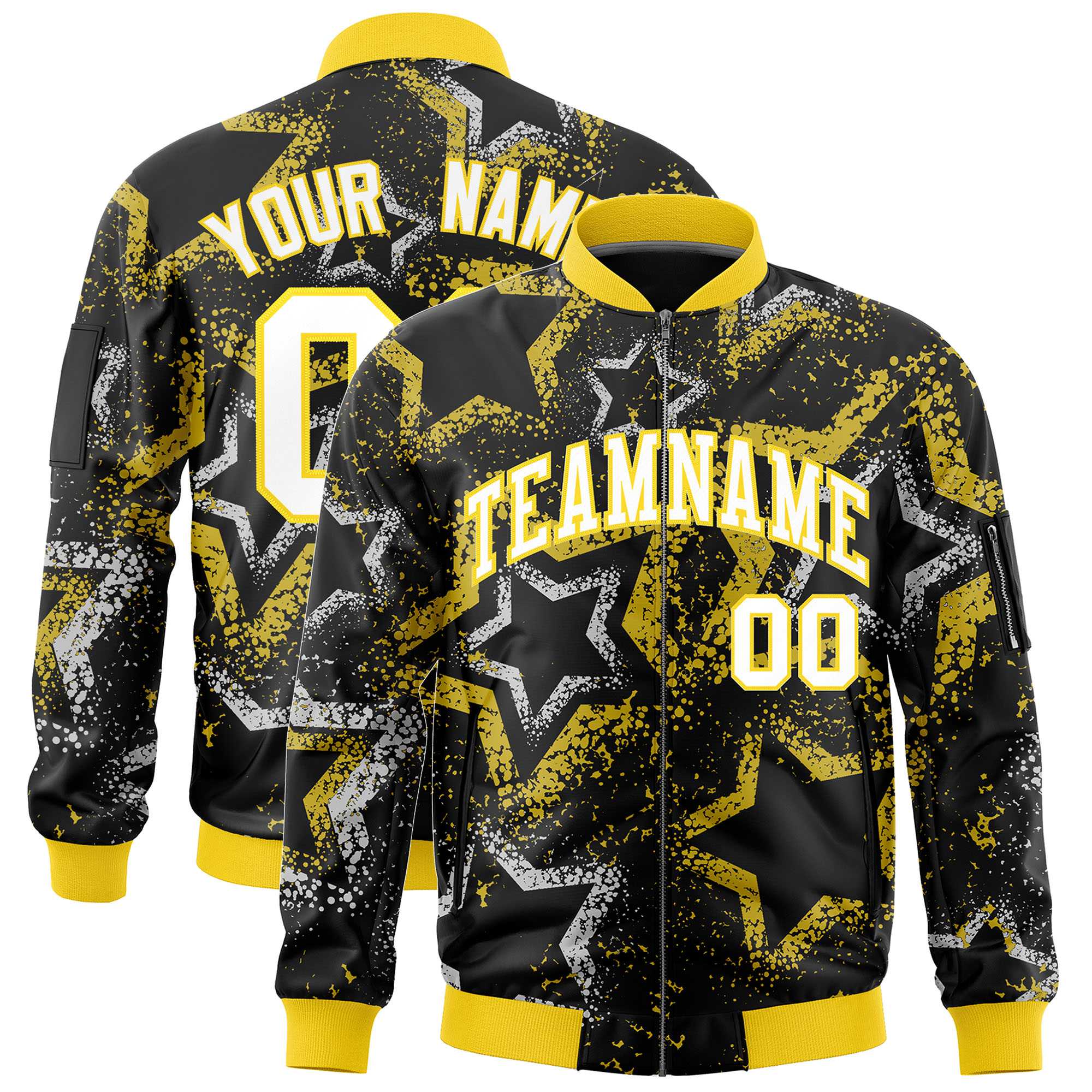 Custom Black Varsity Full-Zip Star Pattern Letterman Bomber Jacket