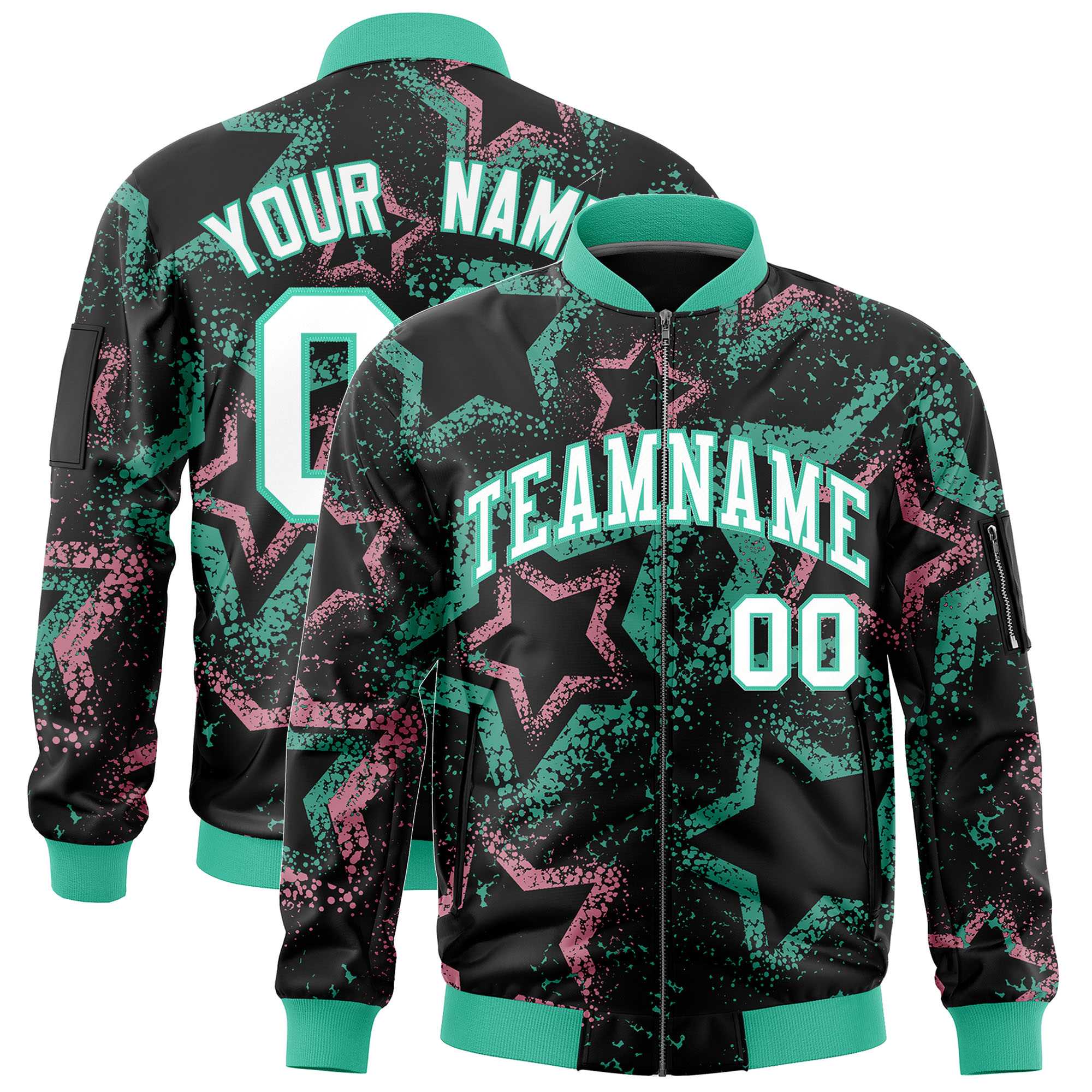 Custom Black Varsity Full-Zip Star Pattern Letterman Bomber Jacket