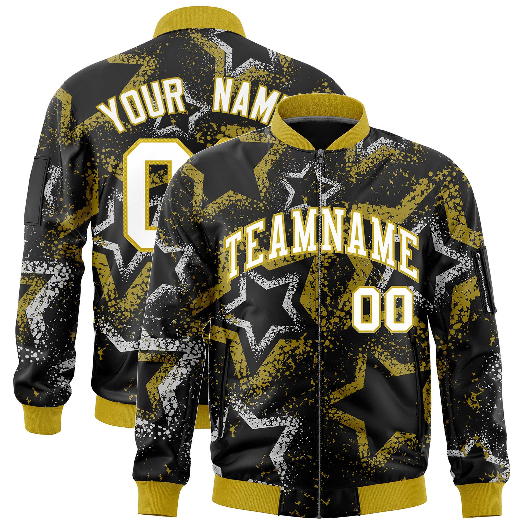 Custom Black Varsity Full-Zip Star Pattern Letterman Bomber Jacket