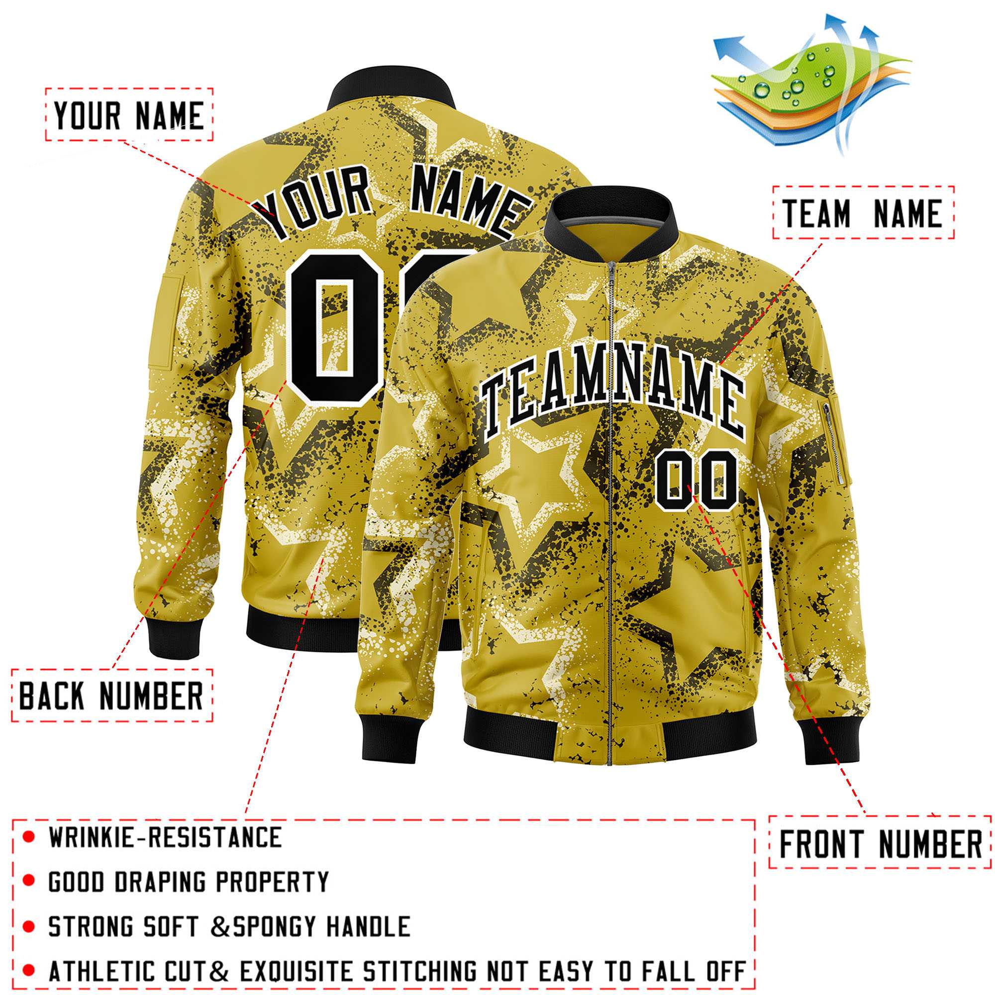 Custom Old Gold Varsity Full-Zip Star Pattern Letterman Bomber Jacket