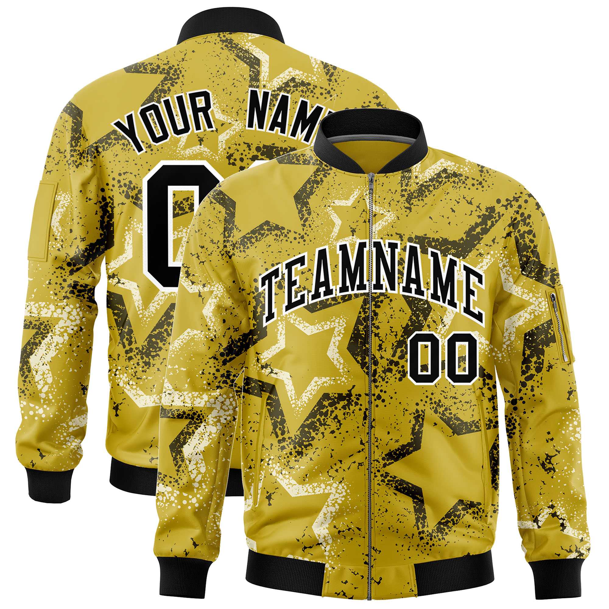 Custom Old Gold Varsity Full-Zip Star Pattern Letterman Bomber Jacket