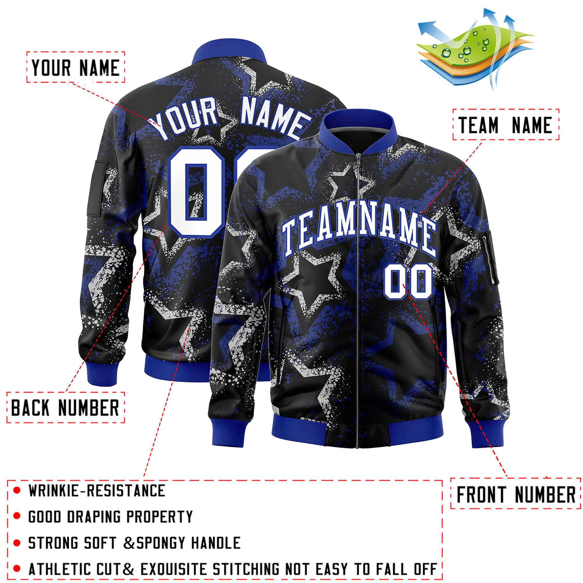 Custom Black Varsity Full-Zip Star Pattern Letterman Bomber Jacket