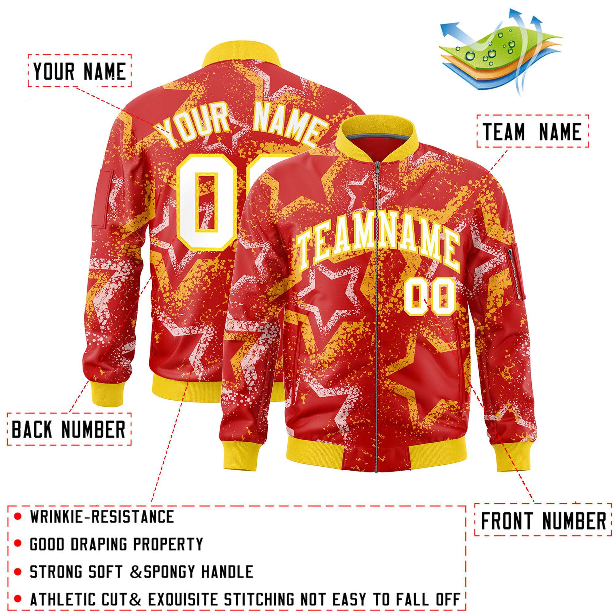 Custom Red Varsity Full-Zip Star Pattern Letterman Bomber Jacket