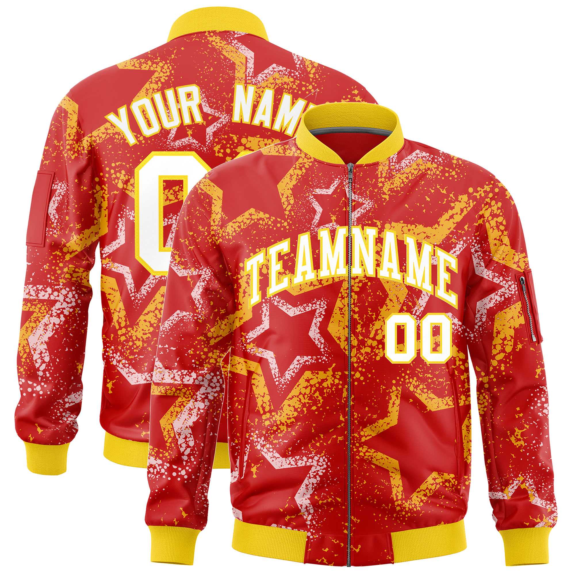 Custom Red Varsity Full-Zip Star Pattern Letterman Bomber Jacket