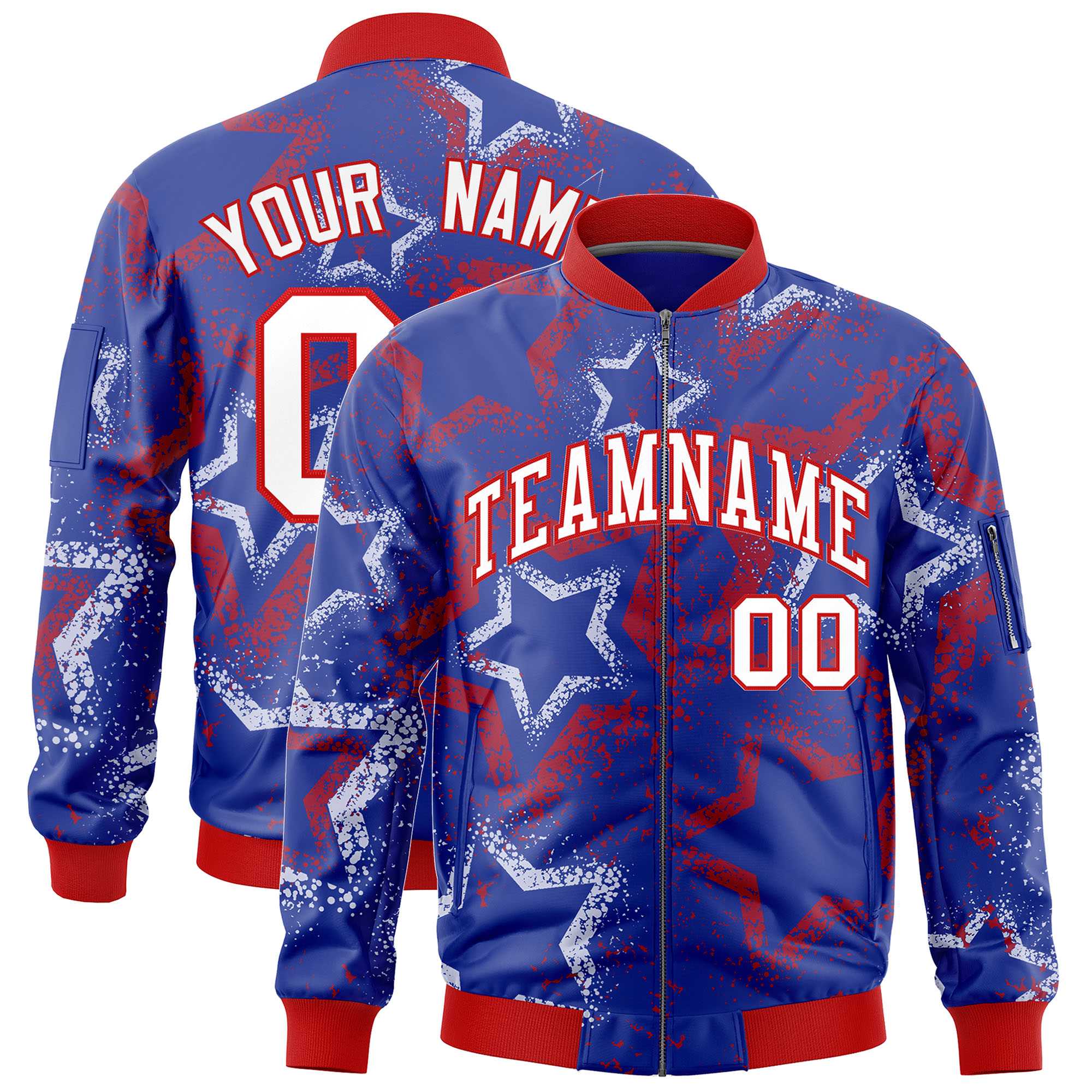 Custom Royal Varsity Full-Zip Star Pattern Letterman Bomber Jacket