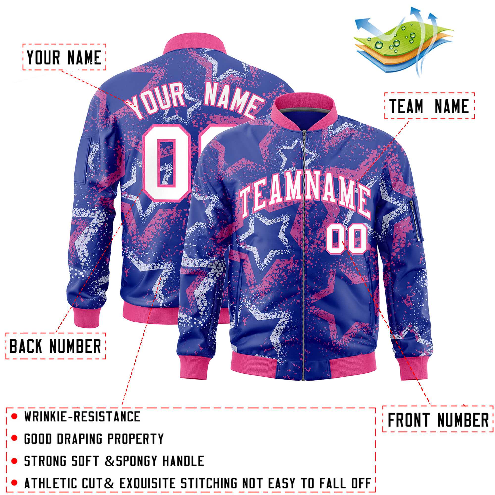 Custom Royal Varsity Full-Zip Star Pattern Letterman Bomber Jacket