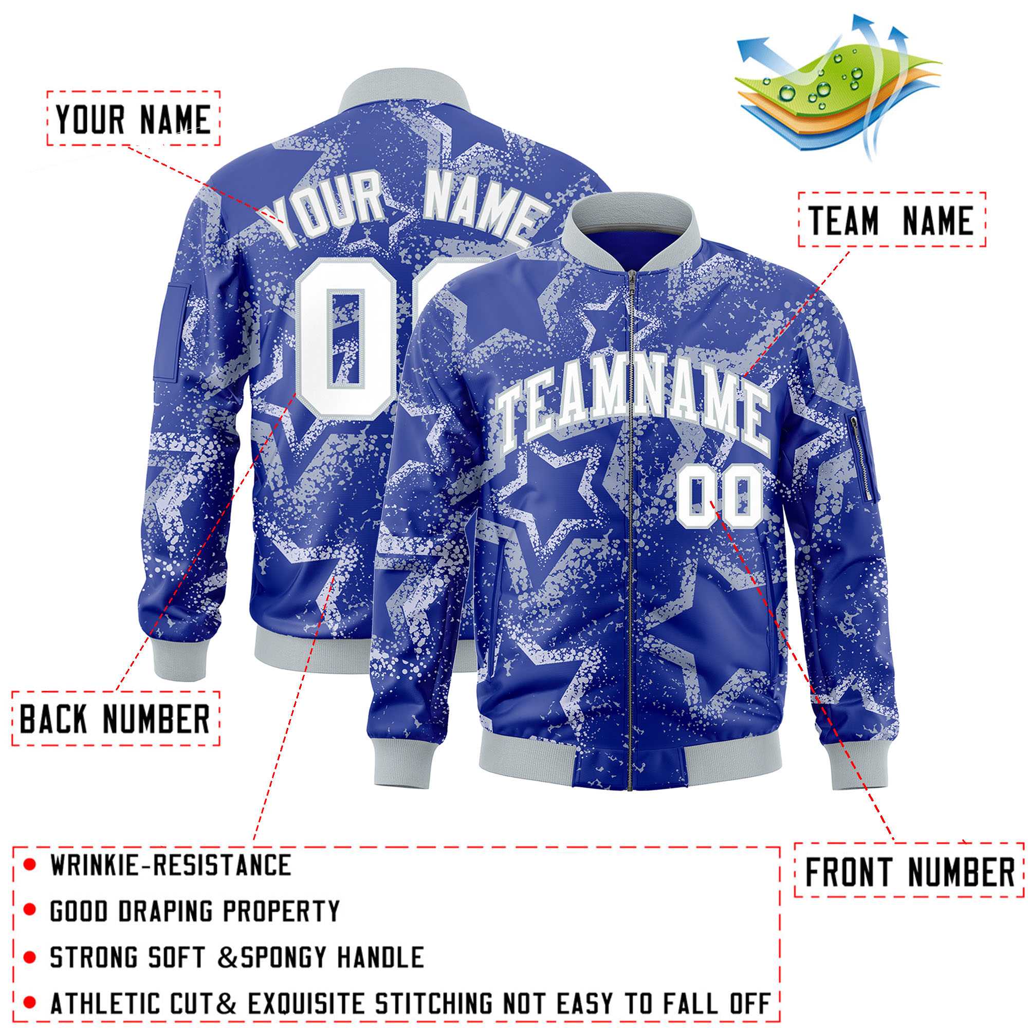 Custom Royal Varsity Full-Zip Star Pattern Letterman Bomber Jacket