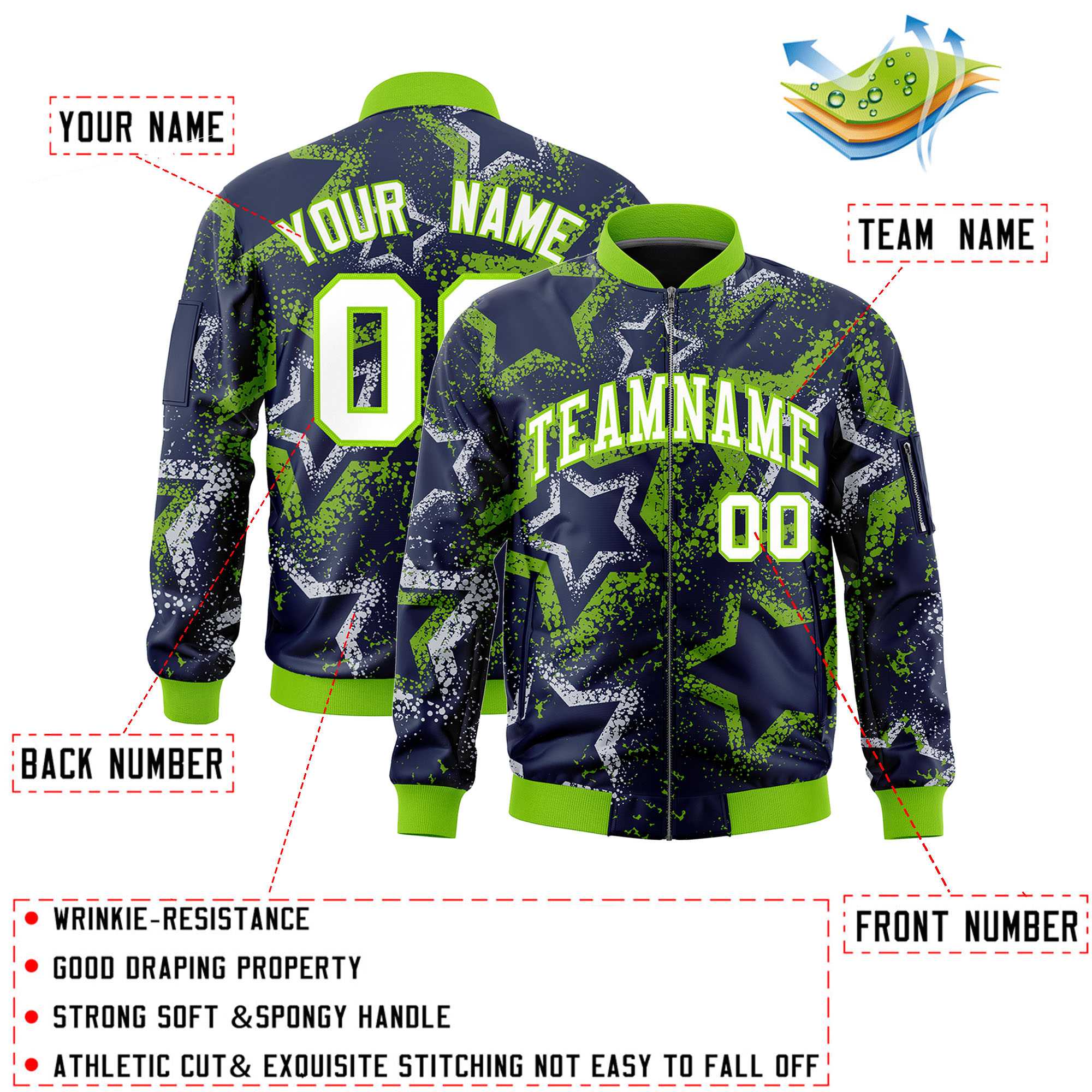 Custom Navy Varsity Full-Zip Star Pattern Letterman Bomber Jacket