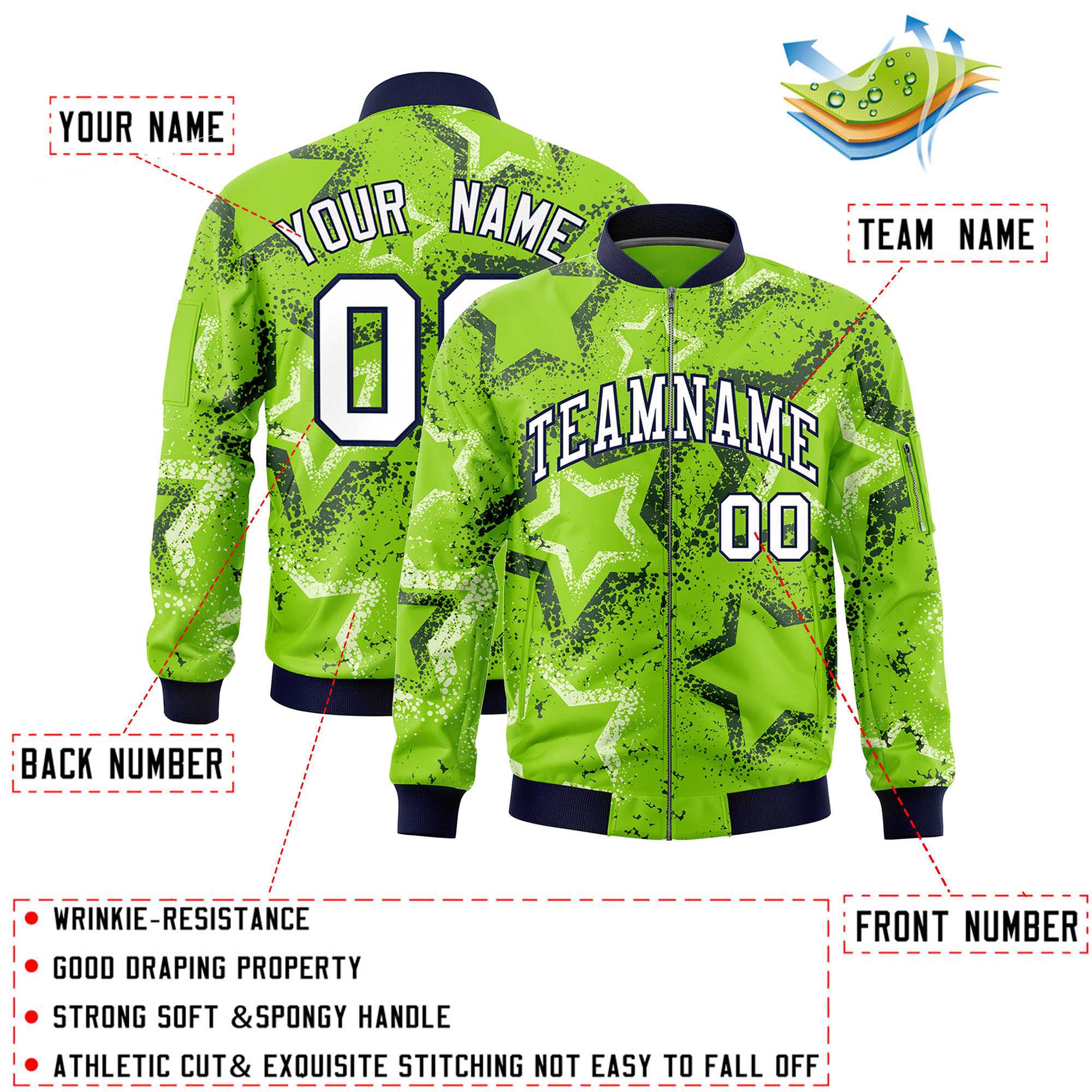 Custom Neon Green Varsity Full-Zip Star Pattern Letterman Bomber Jacket