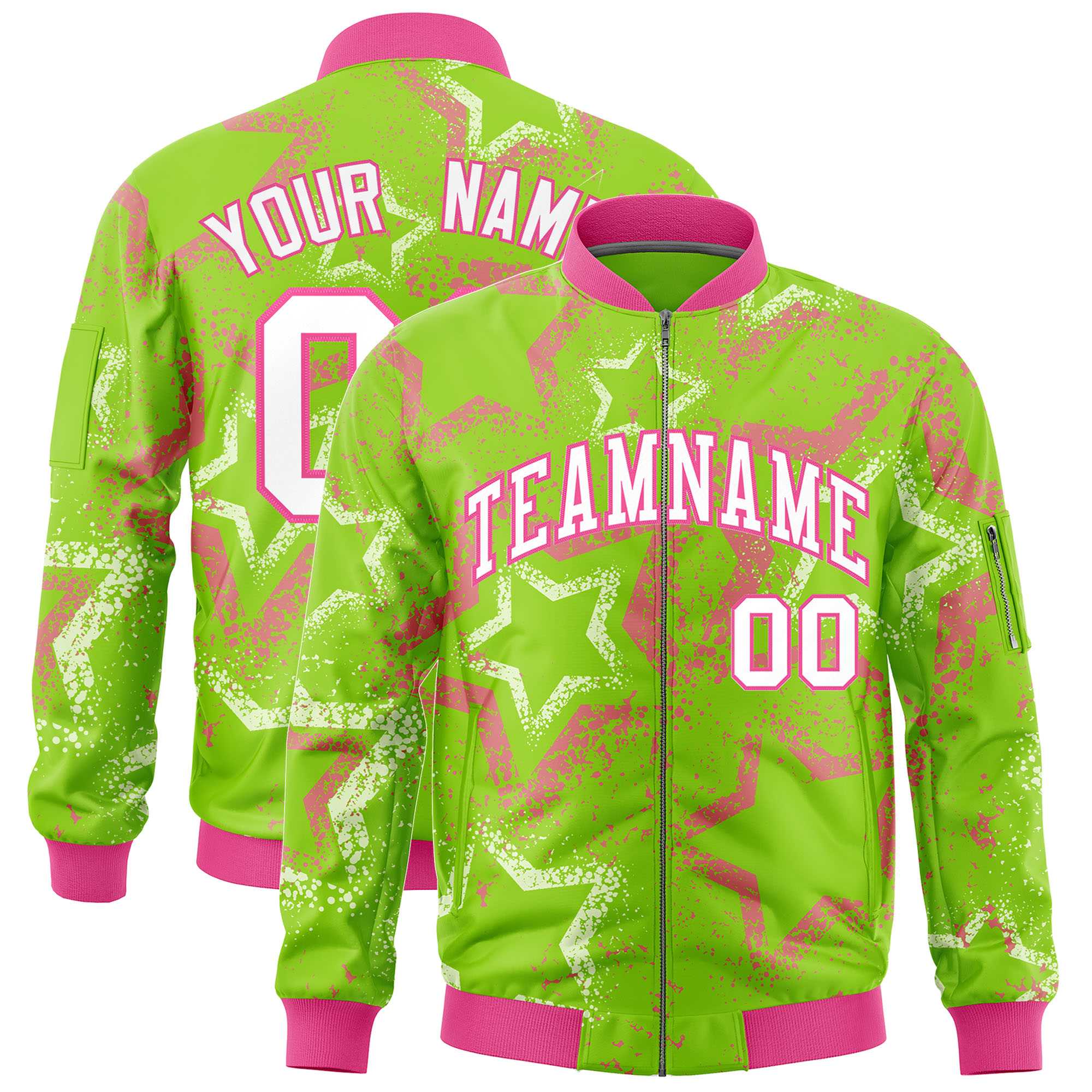 Custom Neon Green Varsity Full-Zip Star Pattern Letterman Bomber Jacket