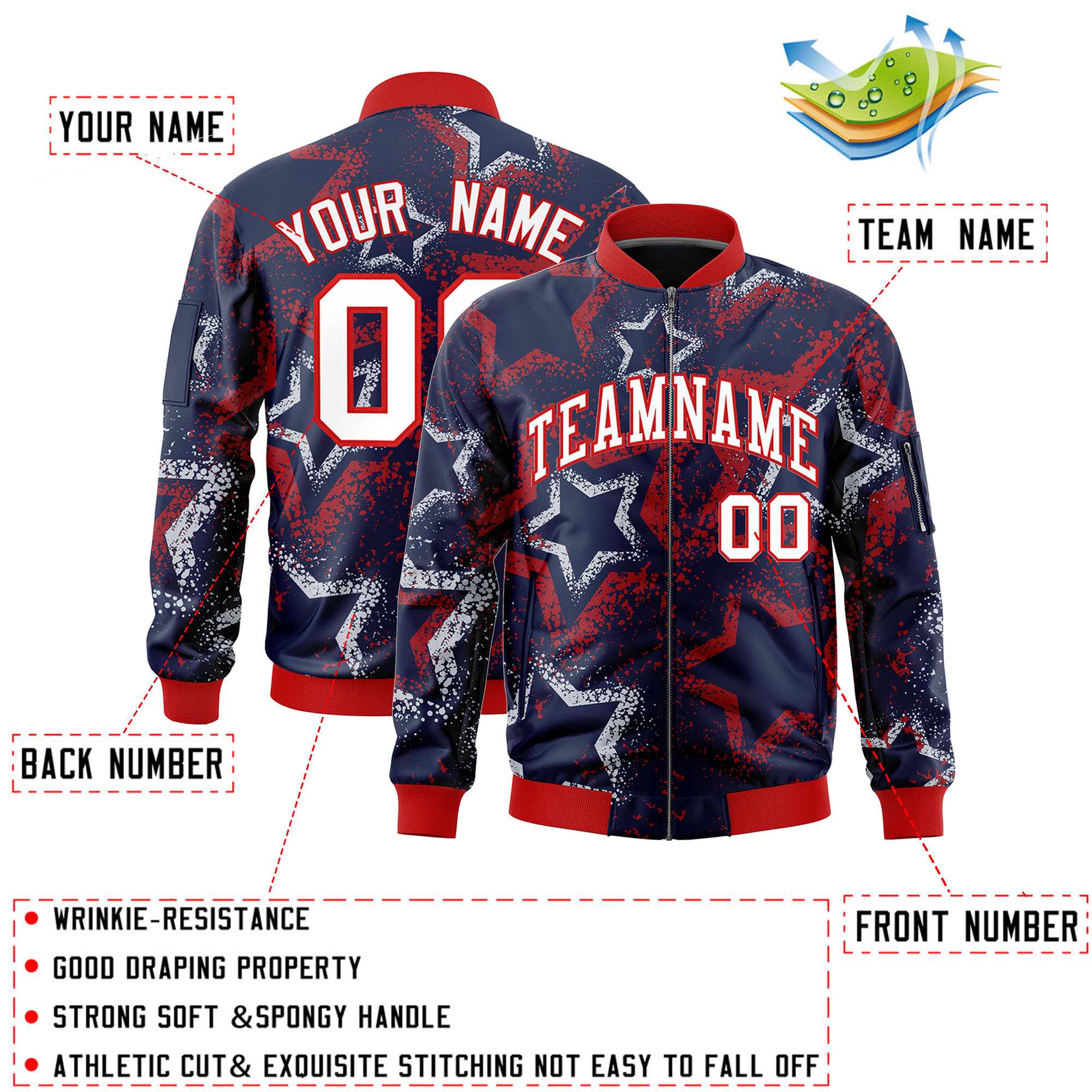 Custom Navy Varsity Full-Zip Star Pattern Letterman Bomber Jacket