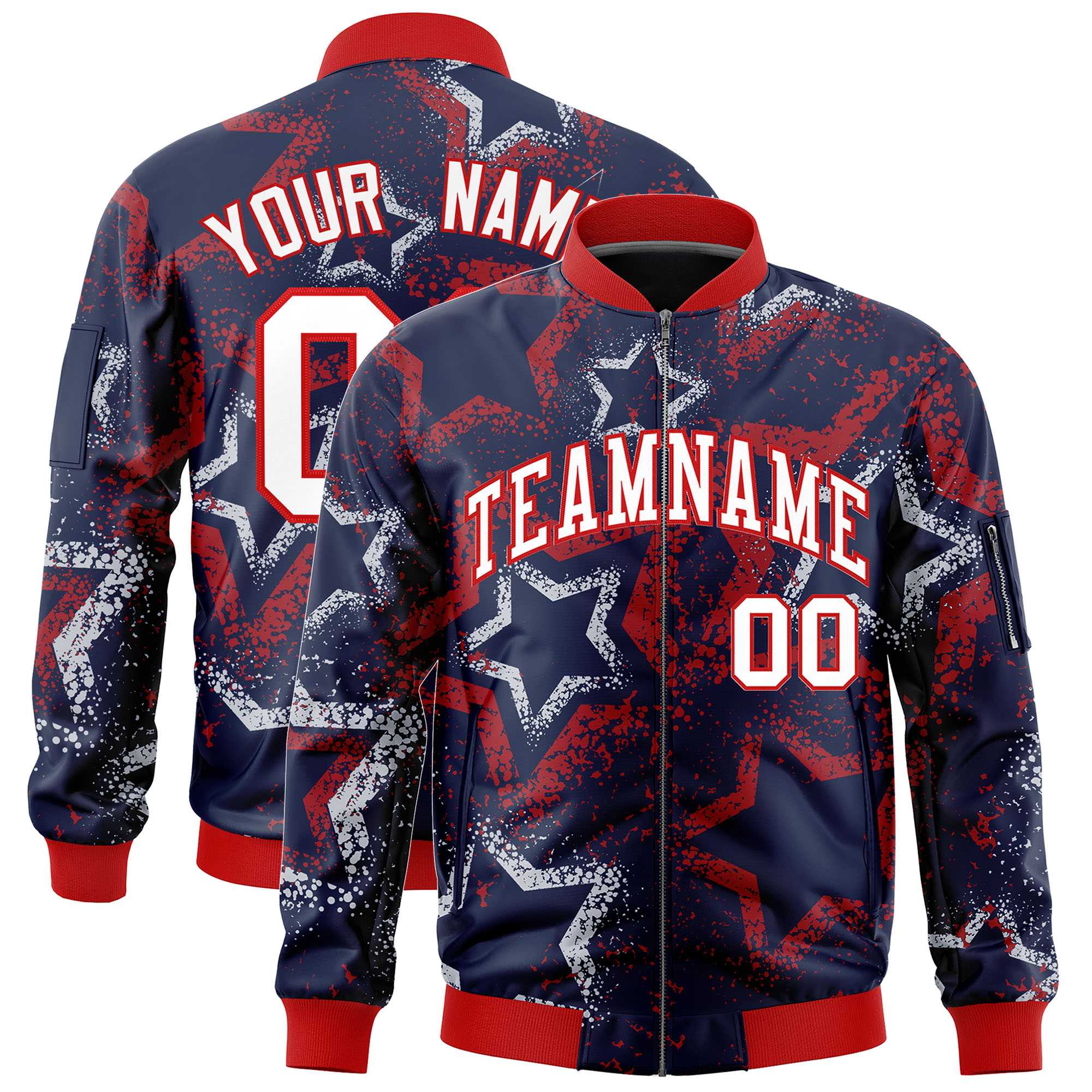 Custom Navy Varsity Full-Zip Star Pattern Letterman Bomber Jacket